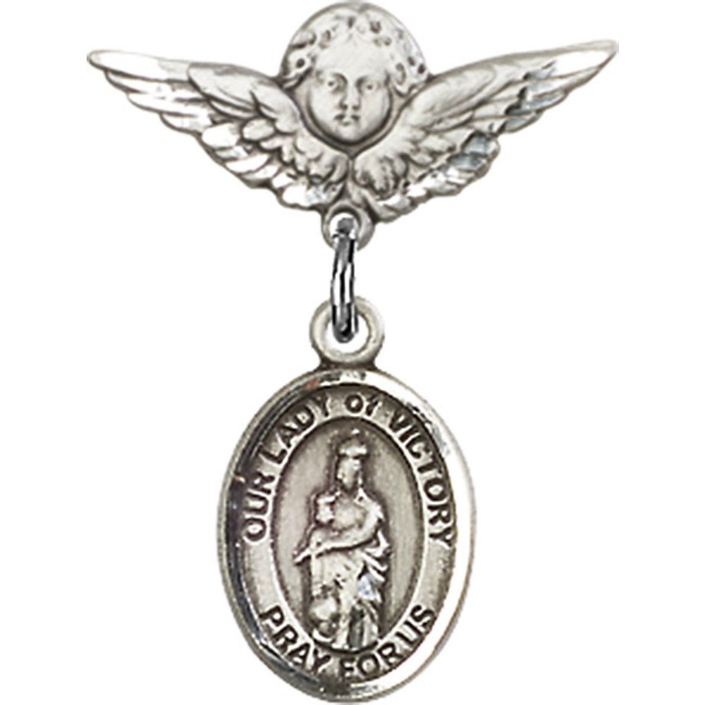 Sterling Silver Baby Badge with Our Lady of Victory Charm & Angel Wing Pin - 7/8