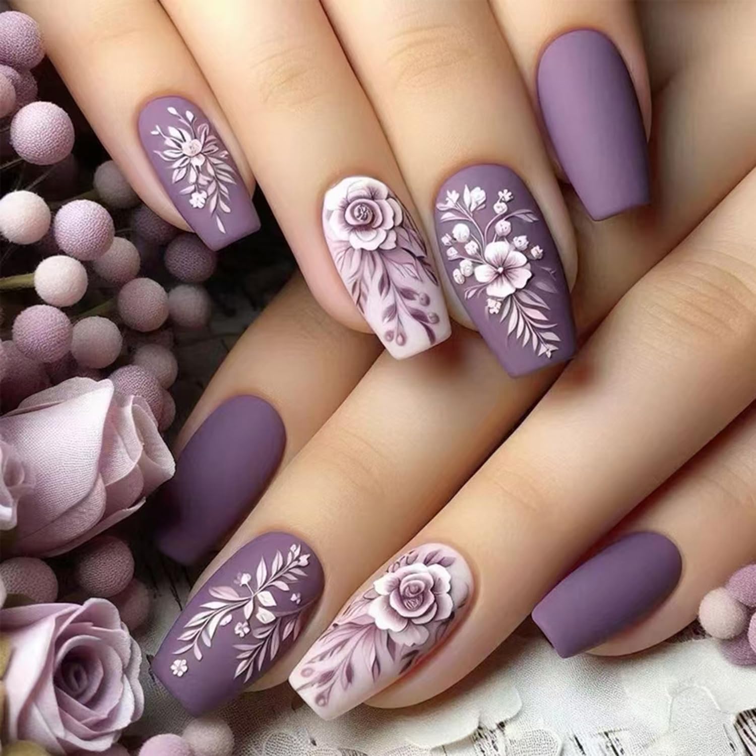 Elegant Purple Acrylic Press on Nails with Embossed Flower Designs - 24pcs Matte Coffin Fake Nails for Women | Fall & Winter Manicure Decorations | Perfect for Parties, Weddings & Special Occasions