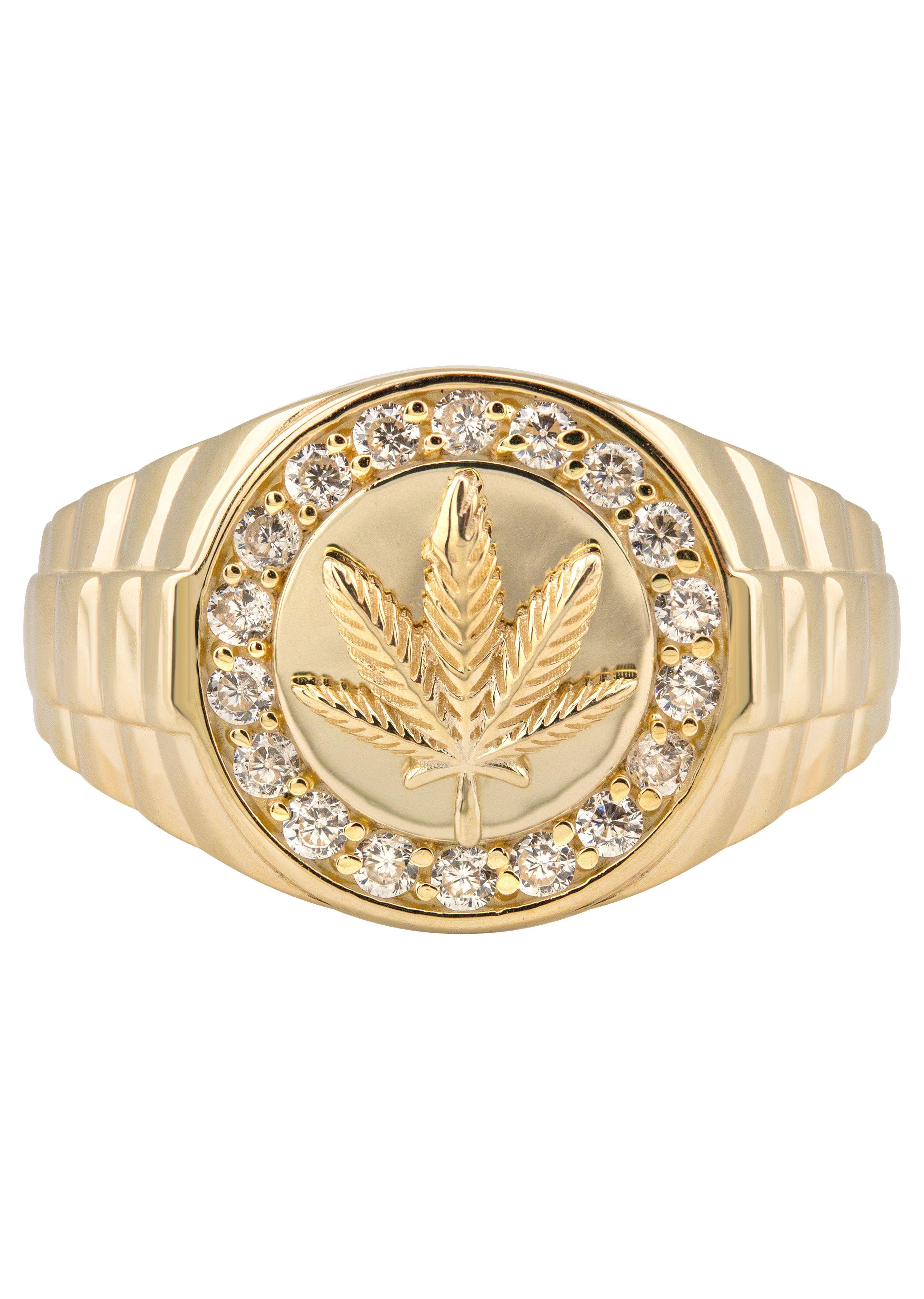 10K Gold CZ Marijuana Leaf Ring for Men - 2.6 Grams Durable & Stylish Jewelry - Perfect for 420 Celebrations, Festivals & Unique Gifts