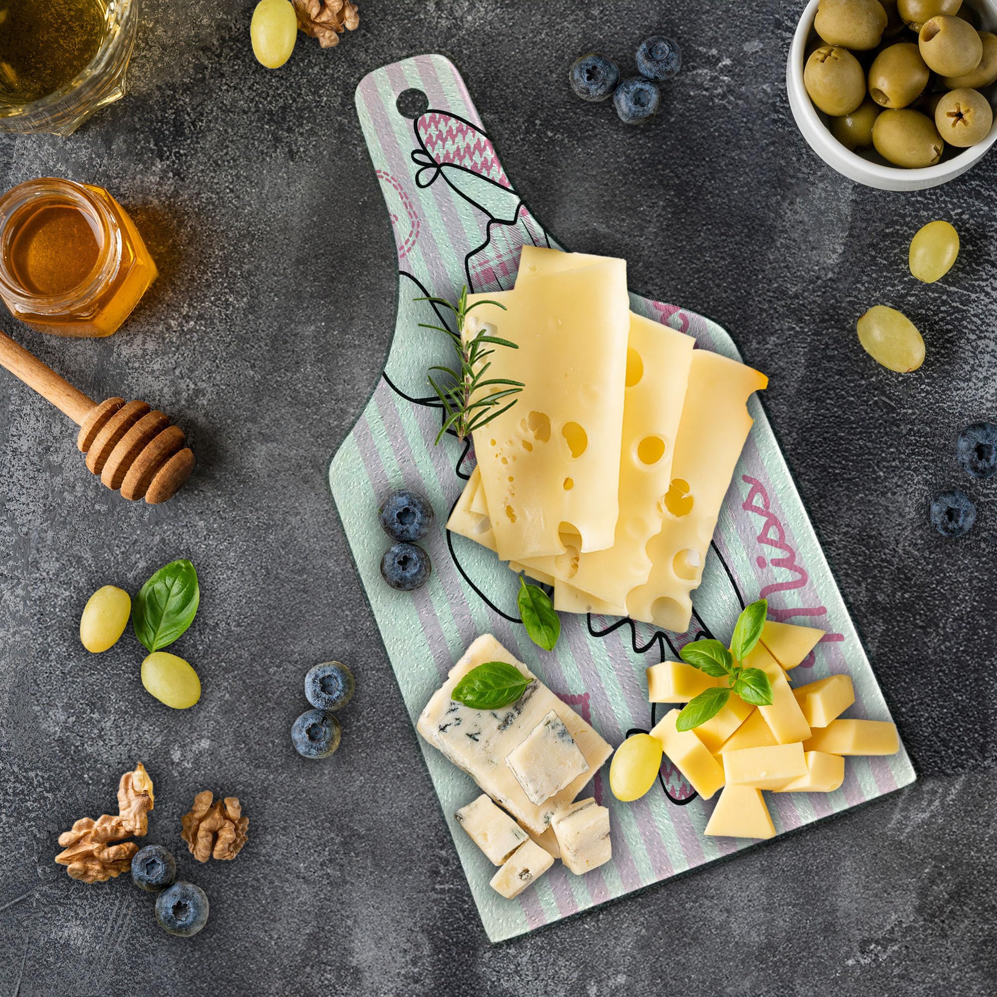 Ambesonne Retro Tempered Glass Cutting Board - Valentine's Day Miss Bunny Hoop in Love Romantic Rabbit Design, Decorative Serving Board for Cheese, Charcuterie & Wine (Pale Pink & White, Wine Bottle Shape) | Perfect for Valentine's Gifts, Bridal Showers & Romantic Dinners