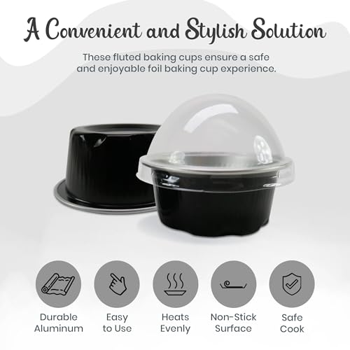 KitchenDance Aluminum Mini Foil Cups with Snap-on Lid - 100 Count Disposable Dessert Cups for Mini Creme Brulee, Flan, Sauces & Individual Servings - Sturdy Black Baking Cups - Perfect for Parties, Catering & Home Baking