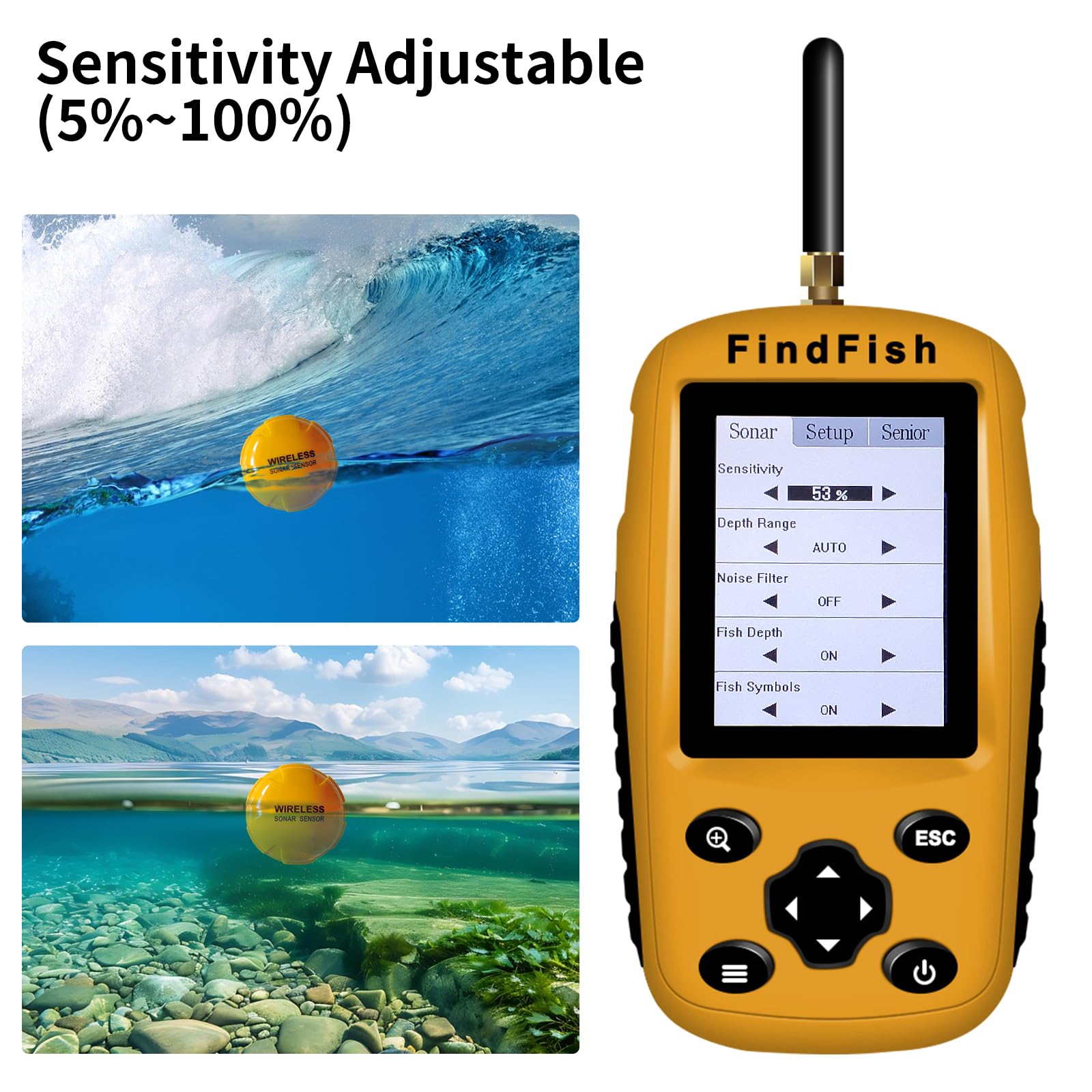 Portable Wireless Fish Finder with Color LED Display - Sonar & Radio 2 Airwave Technology for Boats & Kayaks (100m Range, Black/White Model) | Perfect for Freshwater & Saltwater Fishing, Ice Fishing, and Kayak Angling