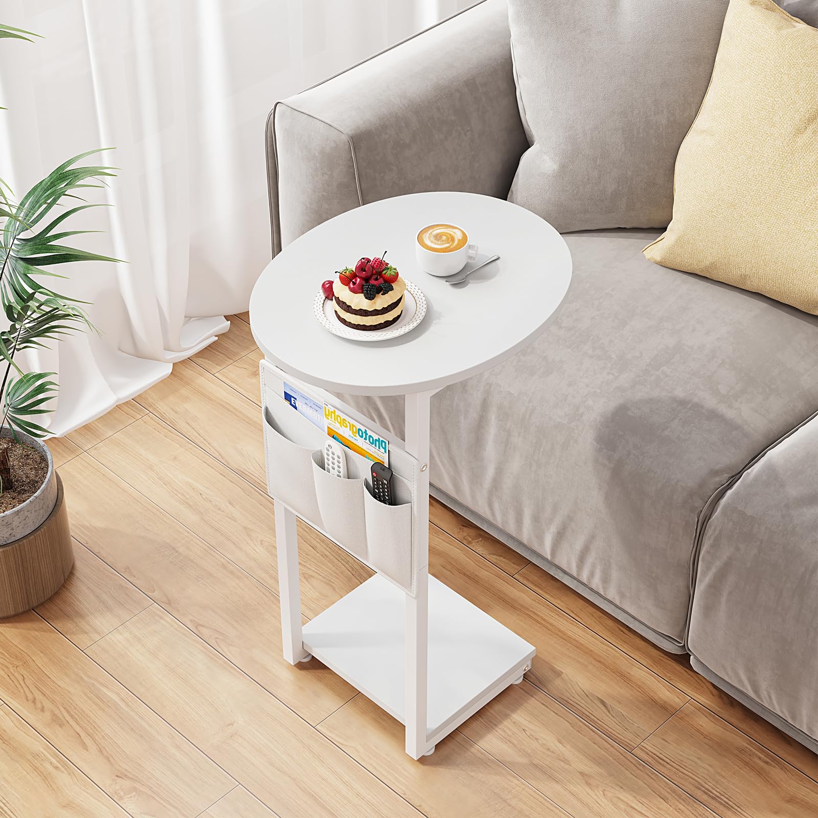 Vagusicc White C-Shaped End Table - Small Side Table for Couch & Sofa with Storage Bag, Round Living Room & Bedroom Side Table - Perfect for Small Spaces, Sliding Under Sofa as Tray Desk - Ideal for Reading Nook, TV Lounge & Apartment Decor