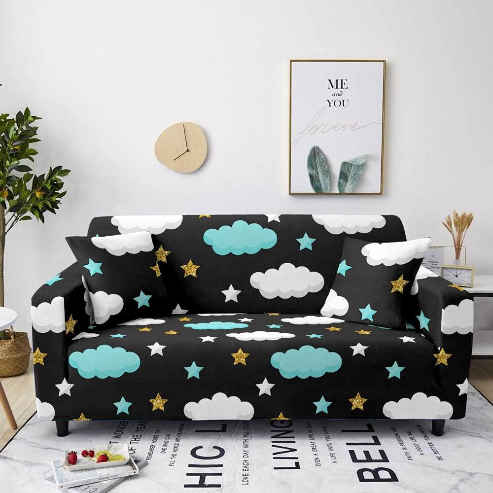 VVANY Stretchable Cartoon Cloud & Stars Pattern Sectional Couch Cover - Non-Slip Kawaii Sofa Slipcover with Pillowcase (190x230cm, Green) | Universal Fit for Leather Couches, 3-Seater Sofa | Perfect for Living Room Decor, Pet Protection & Furniture Refurbishment