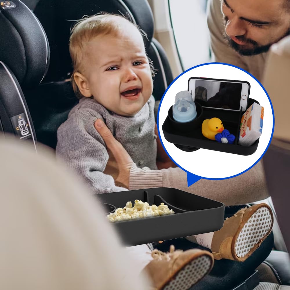 **Portable Car Seat Tray for Kids - Snack & Travel Organizer with Cup Holder - Toddler Food Tray for Road Trips & Airplane Travel - Black**
