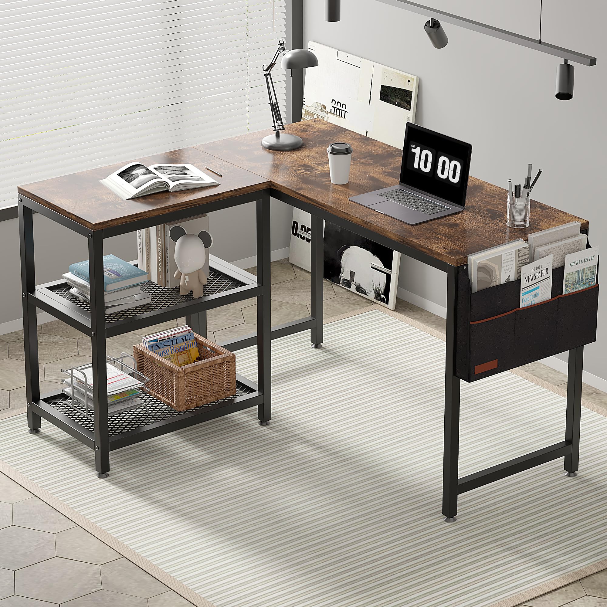 VECELO 49 Inch L-Shaped Computer Desk for Gaming, Study & Home Office - Ergonomic Writing Workstation with Storage Shelves & Bag - Perfect for Small Spaces & Multi-Monitor Setups