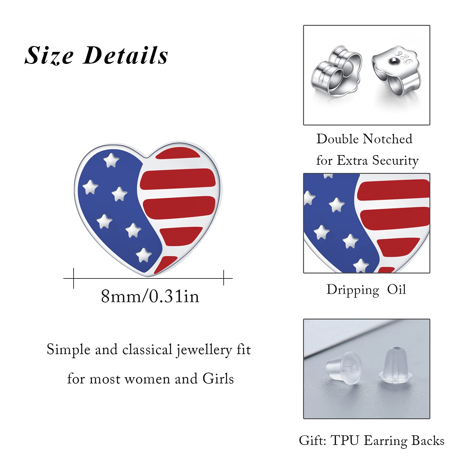 USA Patriotic American Flag Earrings - 925 Sterling Silver Red White Blue Heart Stud Earrings for Independence Day, 4th of July | Unisex Jewelry Gift for Men & Women | Perfect for National Holidays, Parties & Patriotic Events