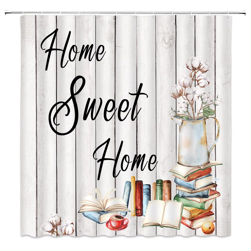 Farmhouse Cotton Floral Vintage Shower Curtain - Rustic Grey Wooden Plank Design with Books & Flower Jar Decor - Waterproof Bathroom Curtain with Hooks for Country, Cottage or Fall Themed Home Decor