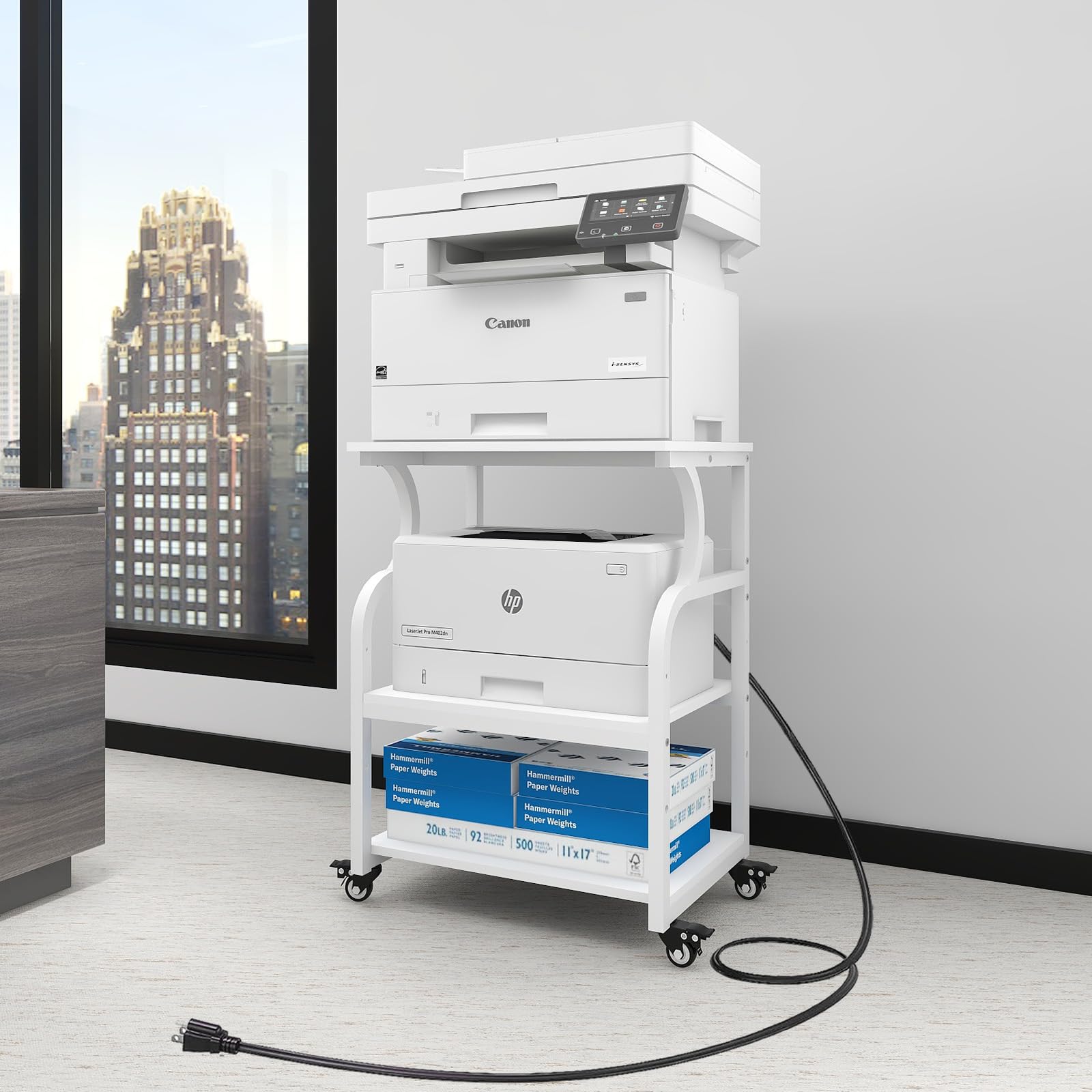 Natwind Large Adjustable 3-Tier Rolling Printer Cart with Wheels - 24''x20''x29'' Printer Stand with Storage Shelf - Multifunctional Home Office Shelves for Heat Press & 3D Printer (White) - Perfect for Craft Rooms, Office Organization & Small Business Workspaces