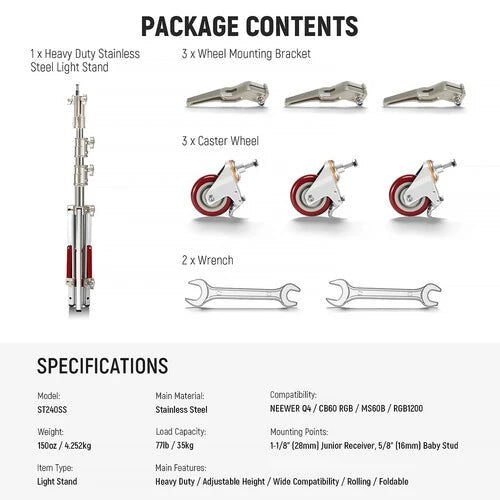 Neewer ST240SS 7.9' Stainless Steel Light Stand with Wheels - Professional Photography & Video Studio Equipment for Portrait, Product Shooting, and Live Streaming
