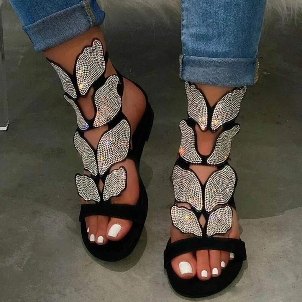 Women's Fashion Rhinestone Wing Pattern Sandals - Open Toe Buckle Casual Summer Sandals for Beach, Party & Vacation | Comfortable Glittery Footwear