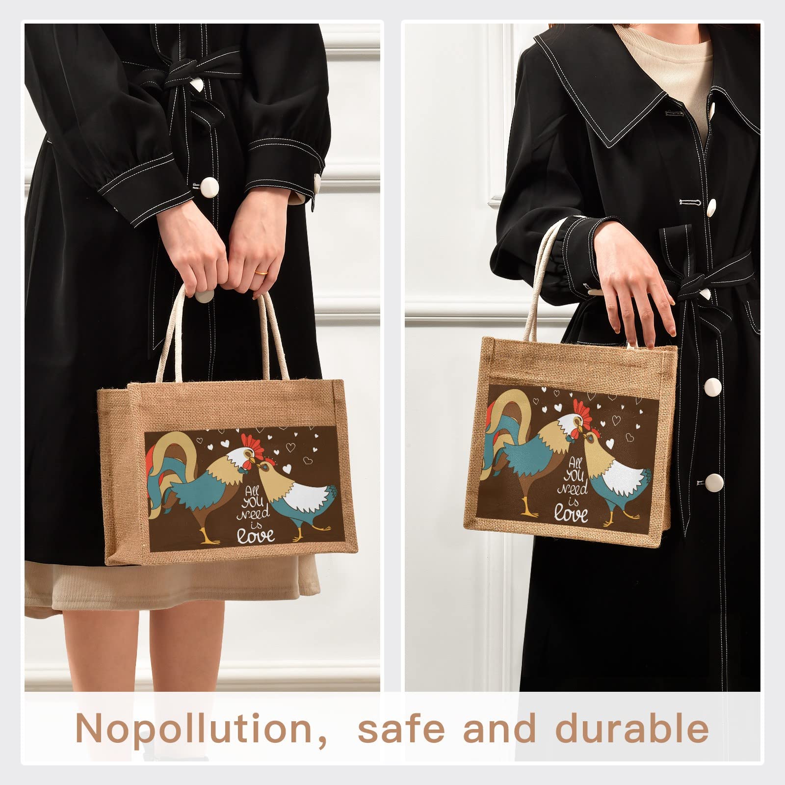 Linqin Rooster and Chicken Jute Tote Bag - Waterproof Reusable Grocery Shopping Bag with Sturdy Handles for Farmers Market, Beach, Travel & Daily Use | Eco-Friendly Cotton Canvas Carryall for Women & Men