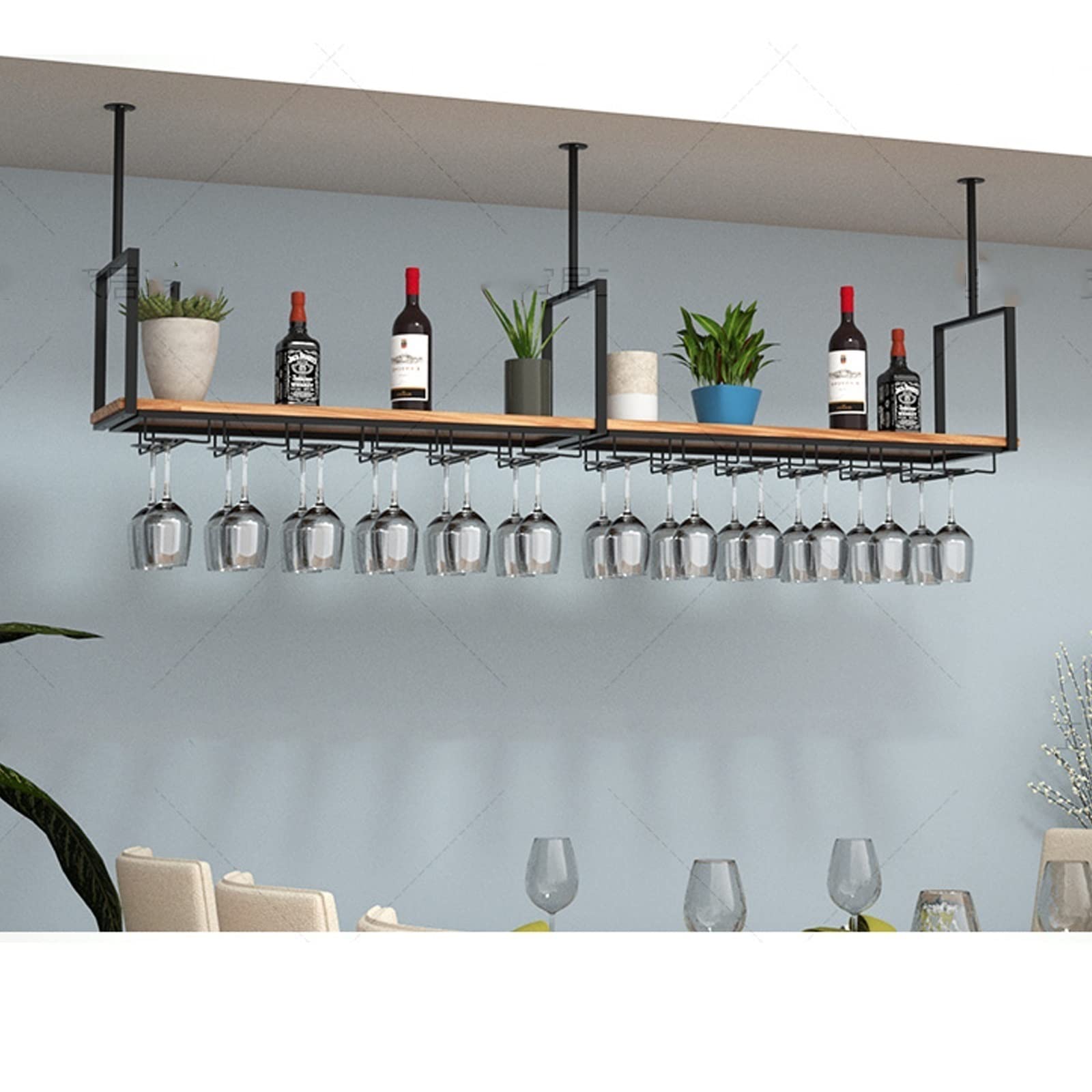 Floating Ceiling Wine Rack - Hanging Shelf for Wine Glasses & Bottles Storage | Solid Wood & Wrought Iron Kitchen Organizer | European Retro Style Plant Stand | Perfect for Kitchen, Bar, Restaurant & Home Decor