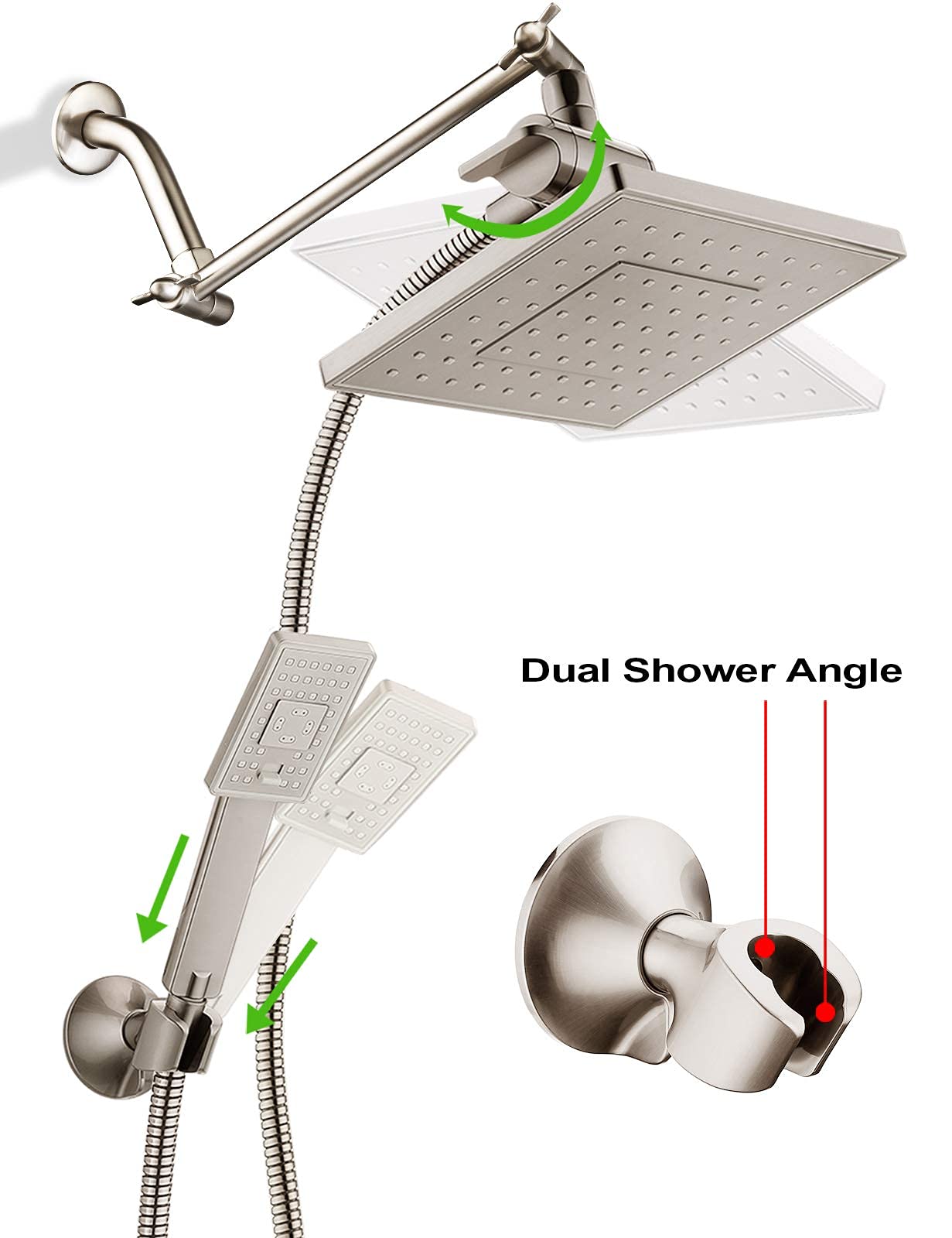 BRIGHT SHOWERS 5 Inch Rain Shower Head with Handheld Spray Combo - Includes Wall Mount Suction Bracket, 6 Inch Shower Arm & 10 Inch Extension - Brushed Nickel Finish for Luxurious Bathroom Upgrade | Perfect for Spa-Like Experience & Modern Home Renovation