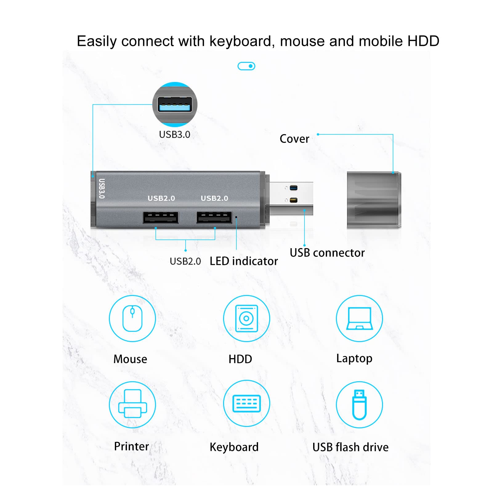 USB 3.0 Hub with 1 USB 3.0 & 2 USB 2.0 Ports, 5Gbps High-Speed Data Transfer, Aluminum Alloy USB Splitter for Laptop, Desktop, HDD, Printer - Perfect for Home Office & Gaming Setup