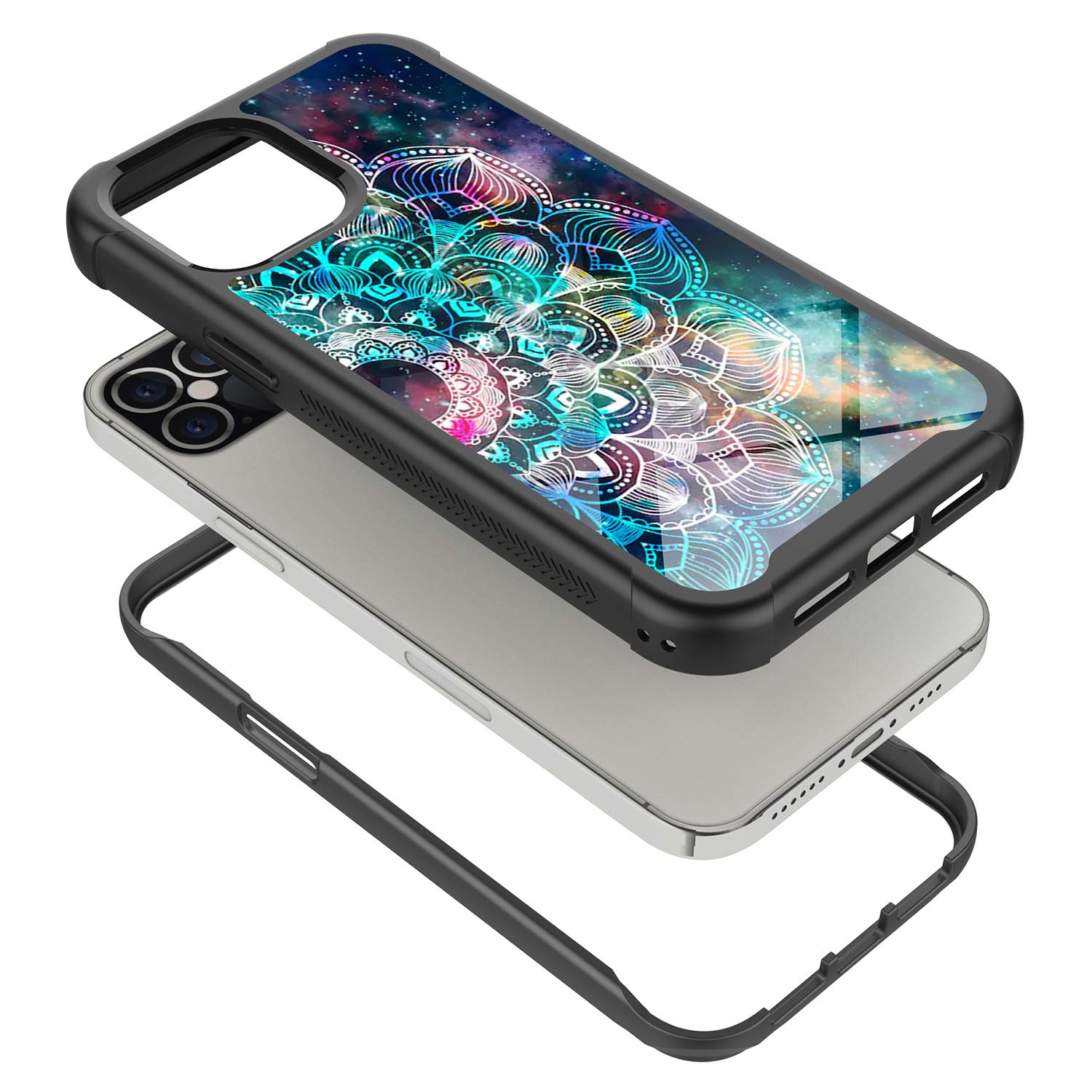 iPhone 12 Pro Max Case 6.7 Inch - Rosebono Hybrid IMD Design, Anti-Scratch Fashion Silicone Cover with Cute Galaxy Mandala Pattern - Perfect for Daily Protection & Style Enhancement