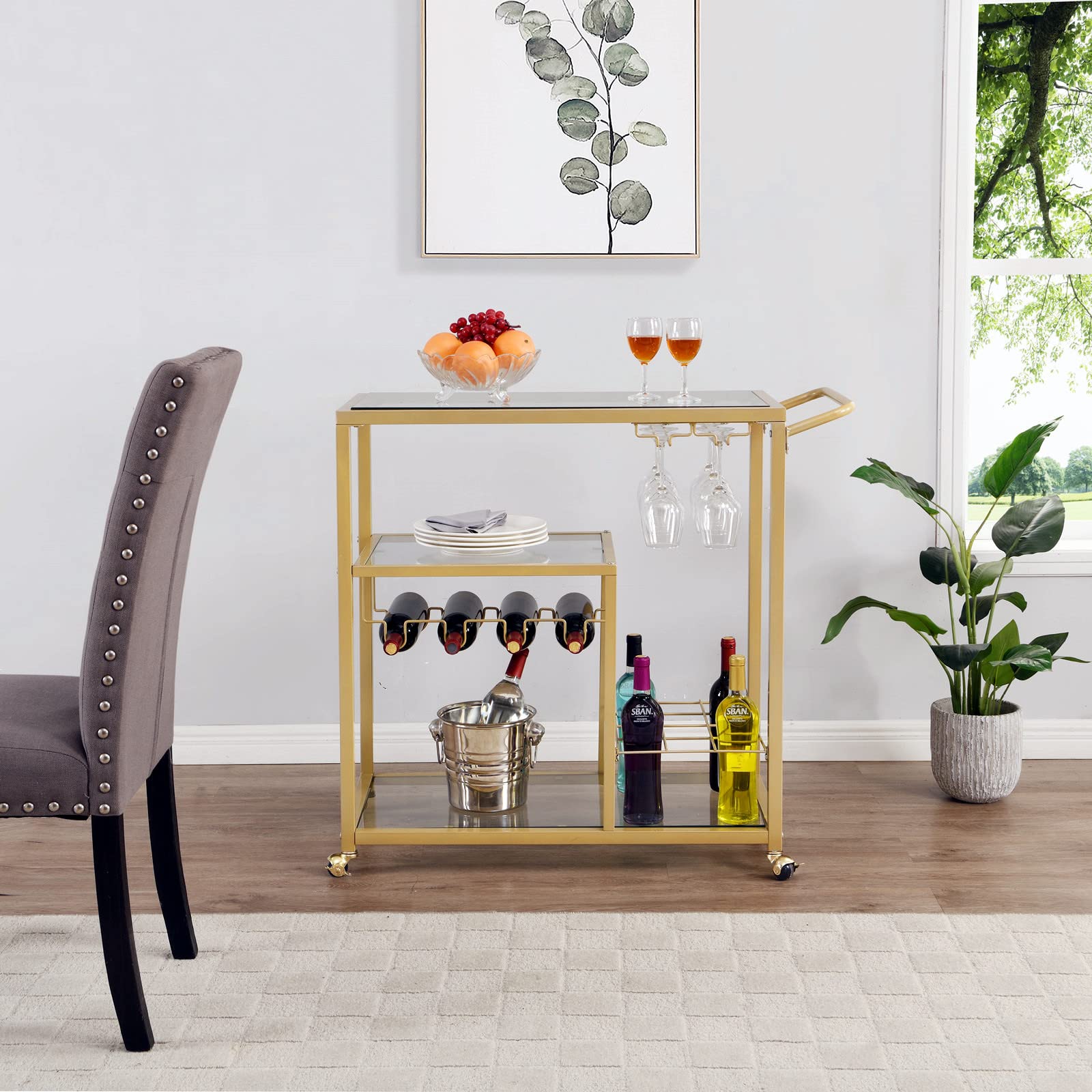 Gold Rolling Bar Cart with Wheels - 3-Tier Mobile Serving Cart with Wine Glass Holders for Kitchen, Home Bar, Party & Dining Room - Perfect for Entertaining, Cocktail Serving & Wine Storage