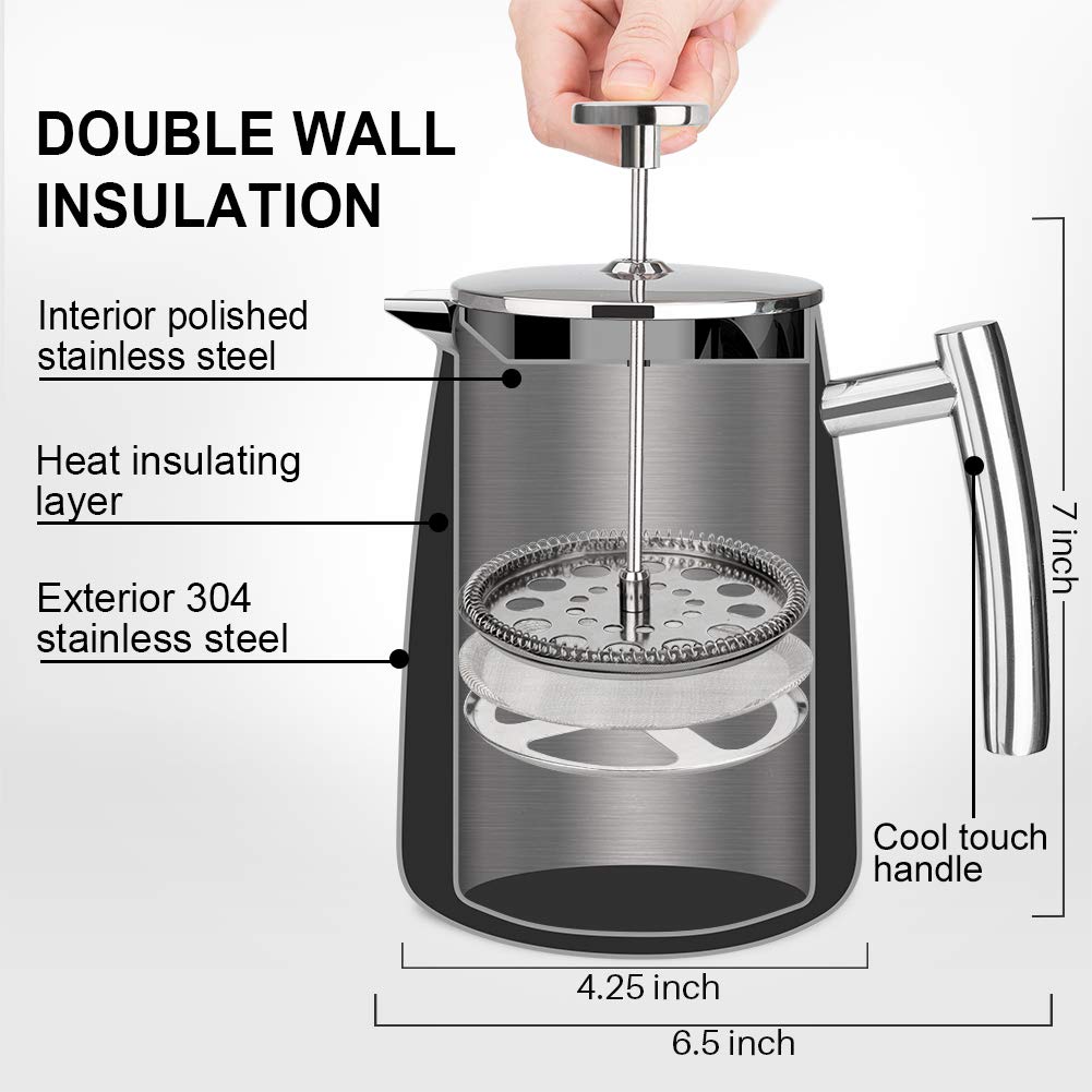 Secura 17-Ounce Stainless Steel French Press Coffee Maker - 304 Insulated Coffee Press with Extra Fine Mesh Filter Screen for Rich, Bold Brew - Perfect for Home, Office, Camping & Gifts