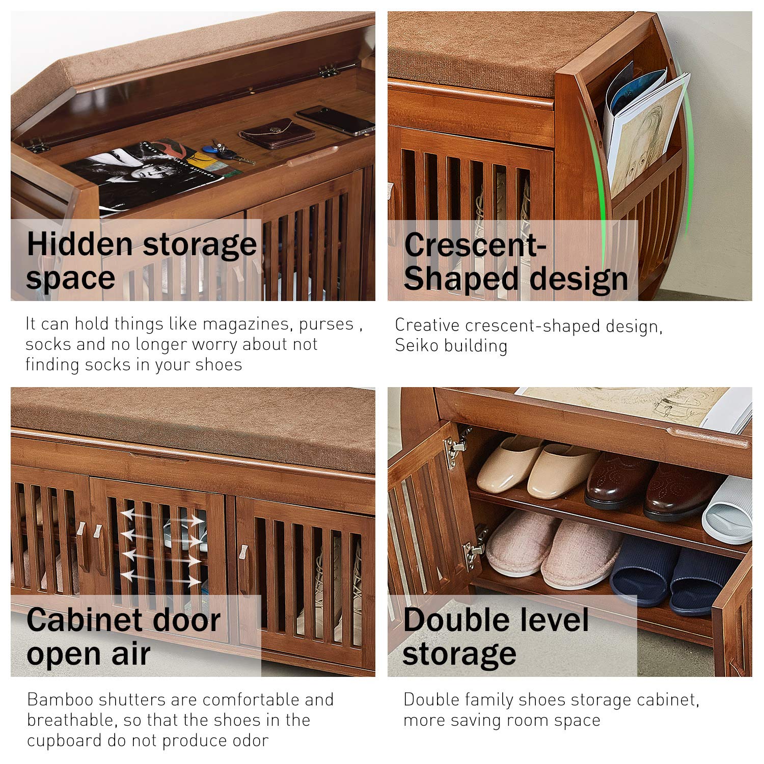 Stylish Bamboo Shoe Storage Bench with Detachable Cushion & Hidden Compartment - Entryway Organizer, Shoe Rack Cabinet for Hallway & Bedroom - Perfect for Small Spaces, Mudroom & Closet Organization