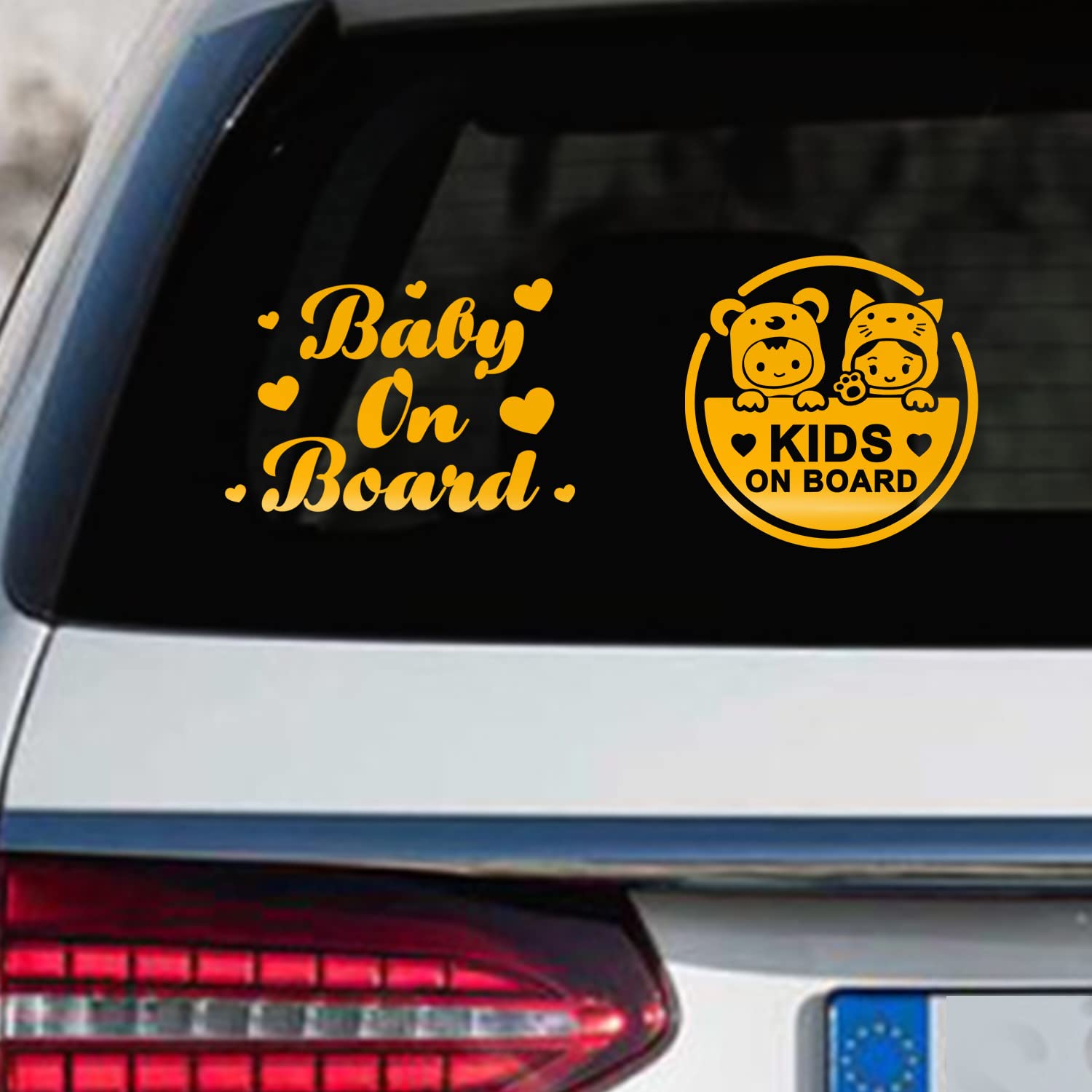 2 Pack Baby On Board Car Stickers - Waterproof Reflective Vinyl Decals for Windows & Bumpers - Cute Kids Safety Design (Yellow) - Perfect for Family Vehicles & New Parents