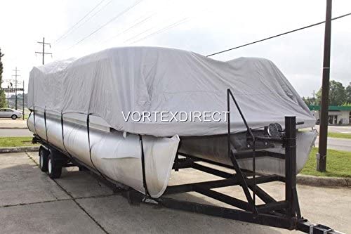 **28 FT VORTEX Ultra 5-Year Heavy-Duty Canvas Pontoon Boat Cover – Elastic Hem & Adjustable Strap System – Fits 27'1