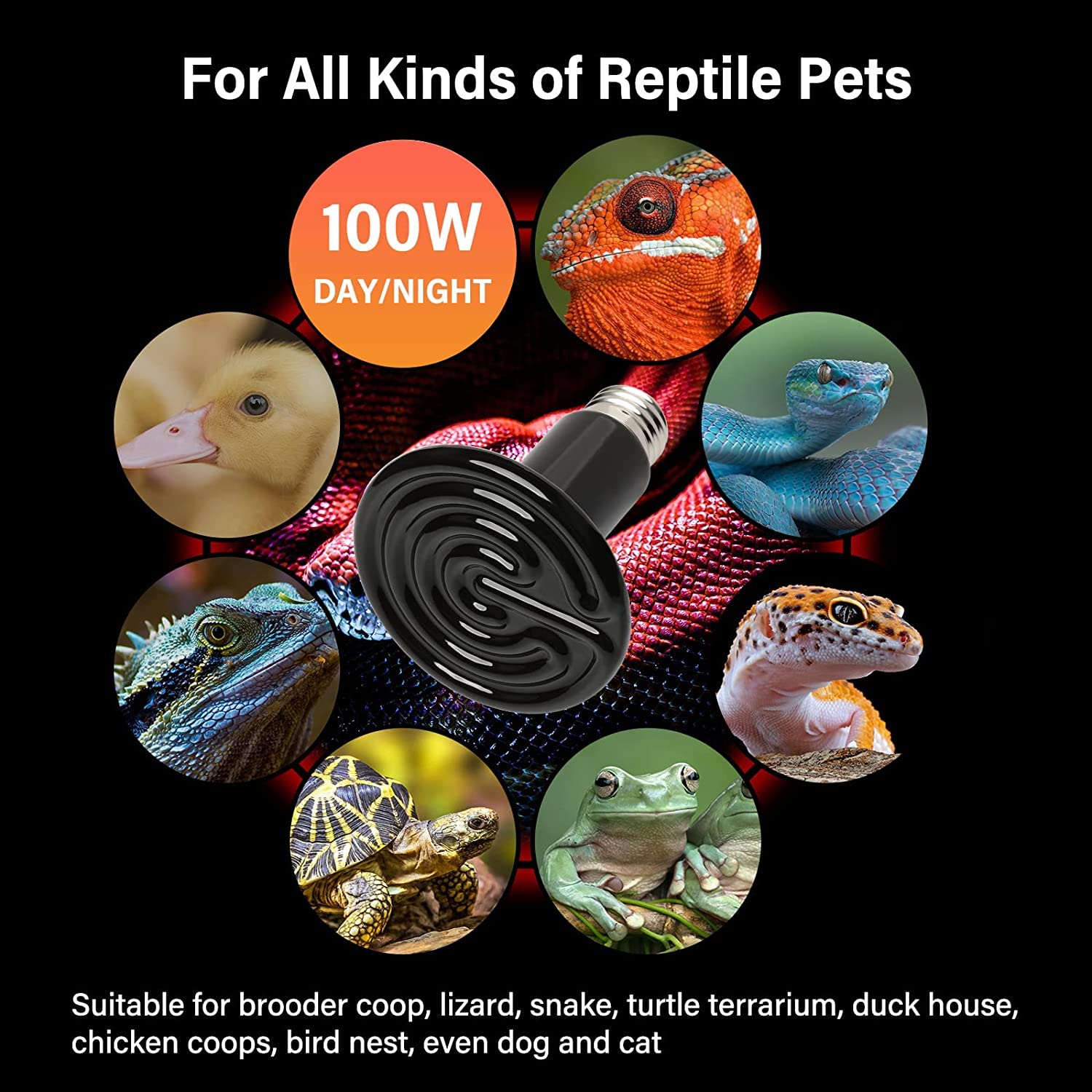 HealSmart 100W Ceramic Heat Emitter Bulb - No Light Reptile Heating Lamp for Bearded Dragons, Snakes, Turtles & Terrariums - Ideal for Amphibian Pets, Chicken Coops & Reptile Brooders - Black