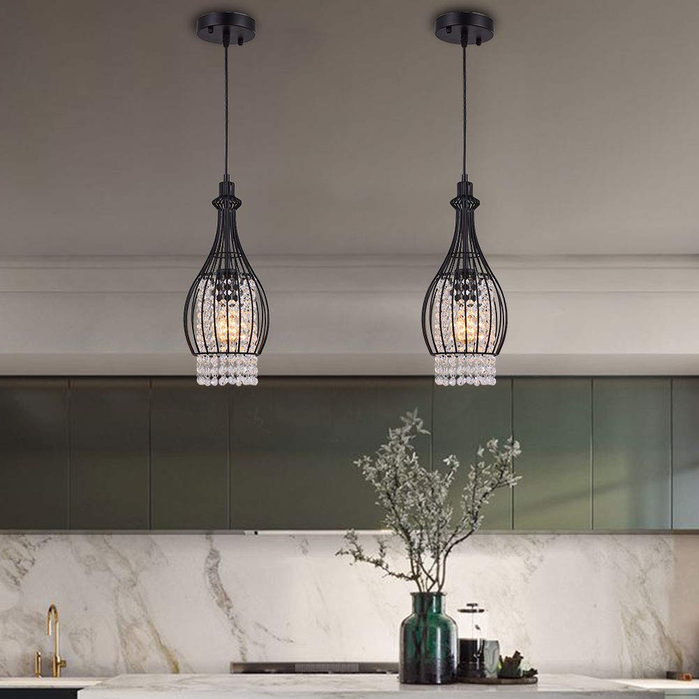 Vintage Industrial Pendant Lighting - Black Metal Cage Crystal Hanging Light Fixture with E26 Base | Farmhouse Retro Ceiling Lamp for Kitchen Island, Dining Room, Living Room & Loft | Perfect for Rustic, Modern & Industrial Home Decor