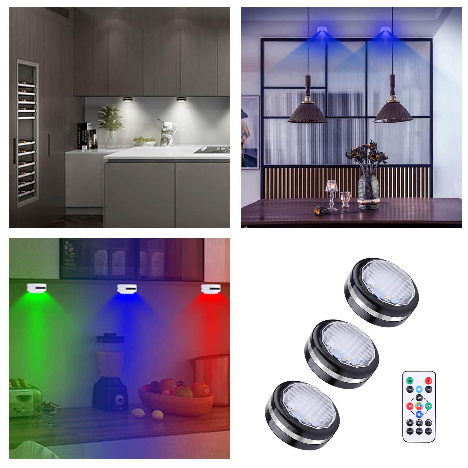 3PCS Battery-Powered Under Cabinet LED Lights - 16 Color Changing, Dimmable with Remote & Timer - Perfect for Kitchen, Classroom, Bedroom, Closet (Black, One Size)
