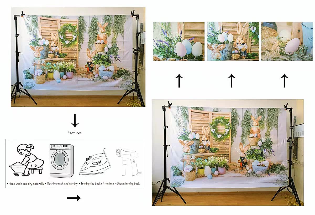 7x5ft Happy Easter Backdrop for Photography - Spring Bunny Rabbit & Colorful Eggs Rustic Party Background - Easter Photo Booth Props for Baby Showers, Church Events & Family Gatherings