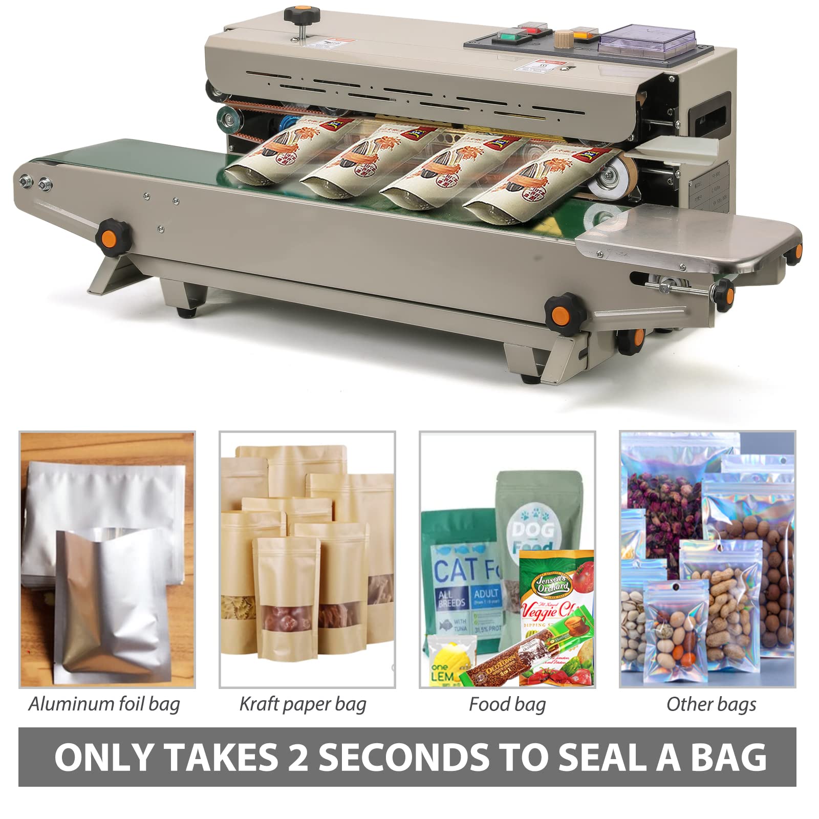 FR-900 Automatic Horizontal Continuous Sealing Machine for Plastic Bags - Heat Sealer with Stamp Coding Function | Ideal for Food Packaging, Retail & E-commerce Businesses