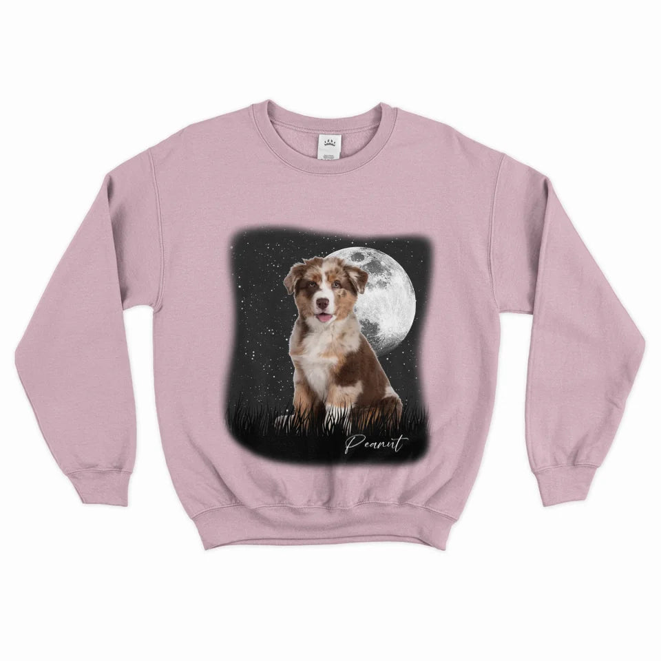Custom Vintage Full Moon Pet Photo Sweatshirt - Personalized Dog Cat Lover Gift - Cozy Pullover for Family Matching Outfits, Couple Wear & Pet Memorial