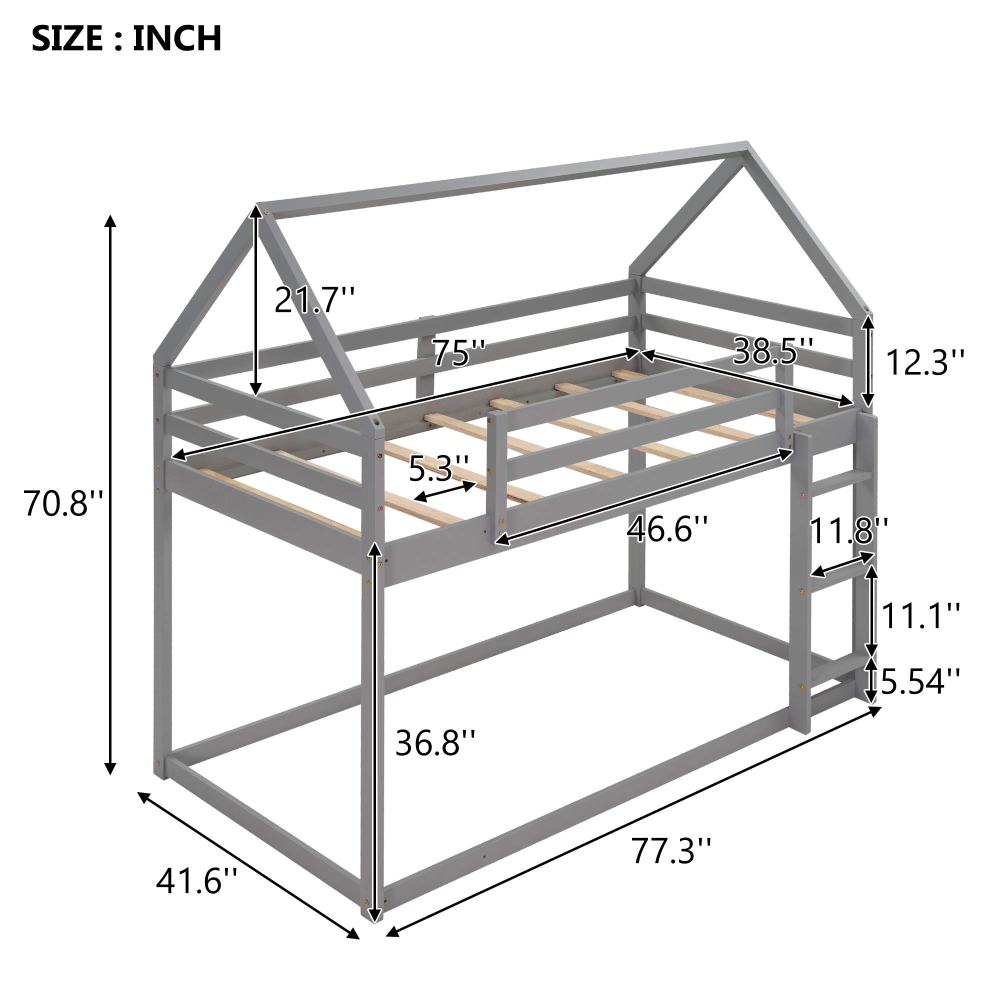 Rhomtree Twin Over Twin Low Bunk Bed with Roof - Wooden House Loft Bed Frame for Kids & Toddlers, No Box Spring Needed, Easy Assembly (Grey) | Perfect for Small Bedrooms, Shared Kids Rooms & Space-Saving Sleep Solutions