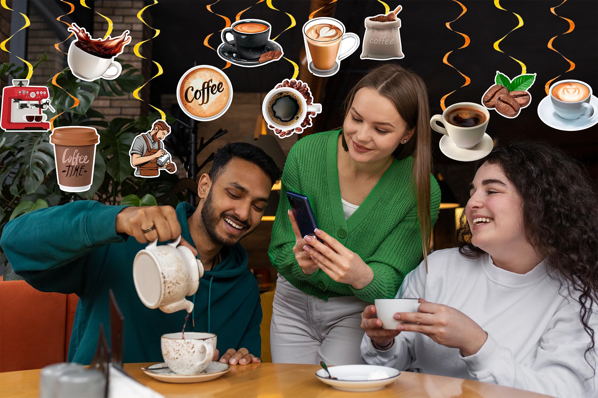 24 Pcs Coffee Hanging Swirls Decorations - Ceiling Hanging Decor for Coffee Shop, Cafe & Home - Perfect for Coffee Themed Parties, Weddings & Events