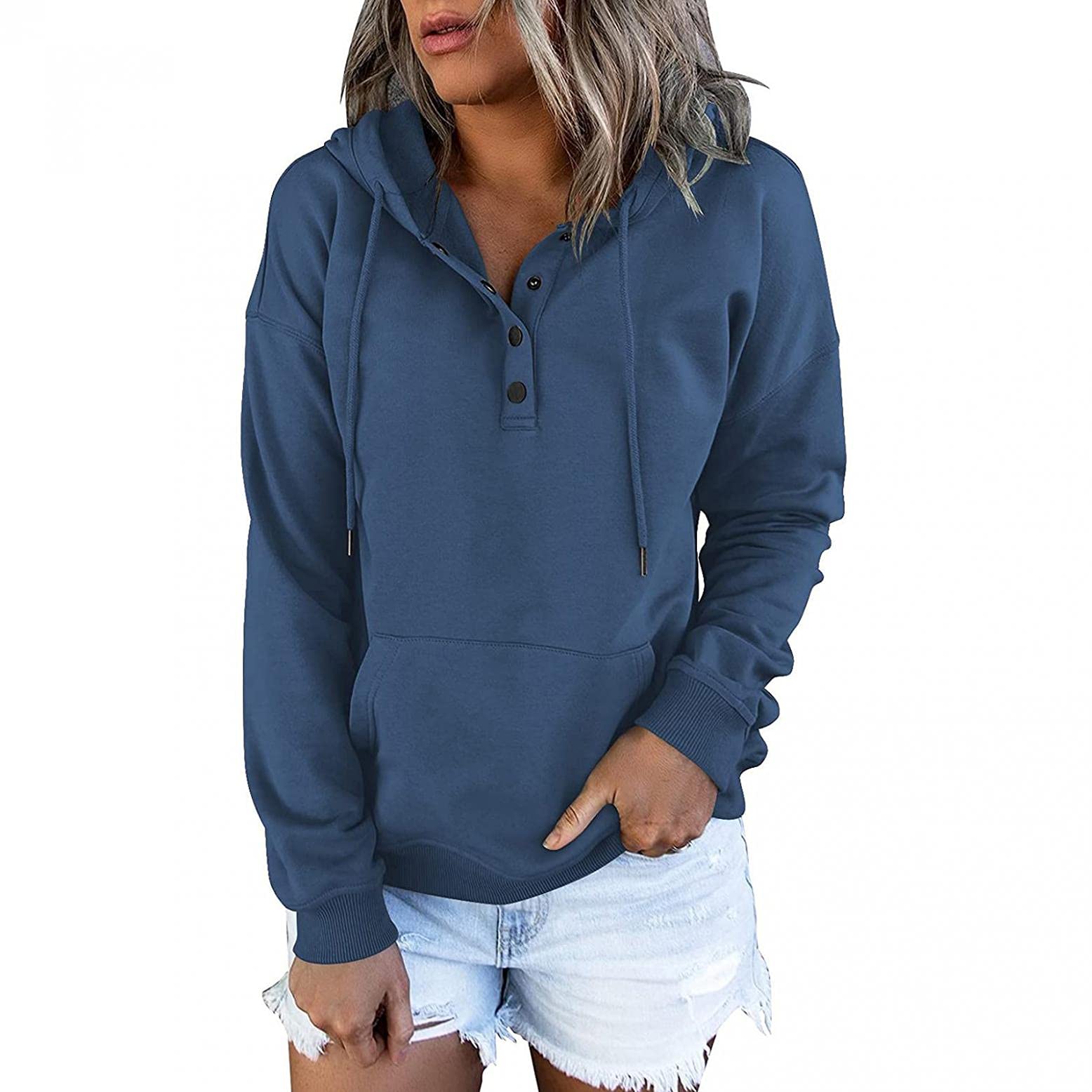 ONHUON Women's Hooded Sweatshirt - Casual Loose Fit Color Block Pullover with Drawstring & Button Up Design | Perfect for Everyday Wear, Gym, and Outdoor Activities