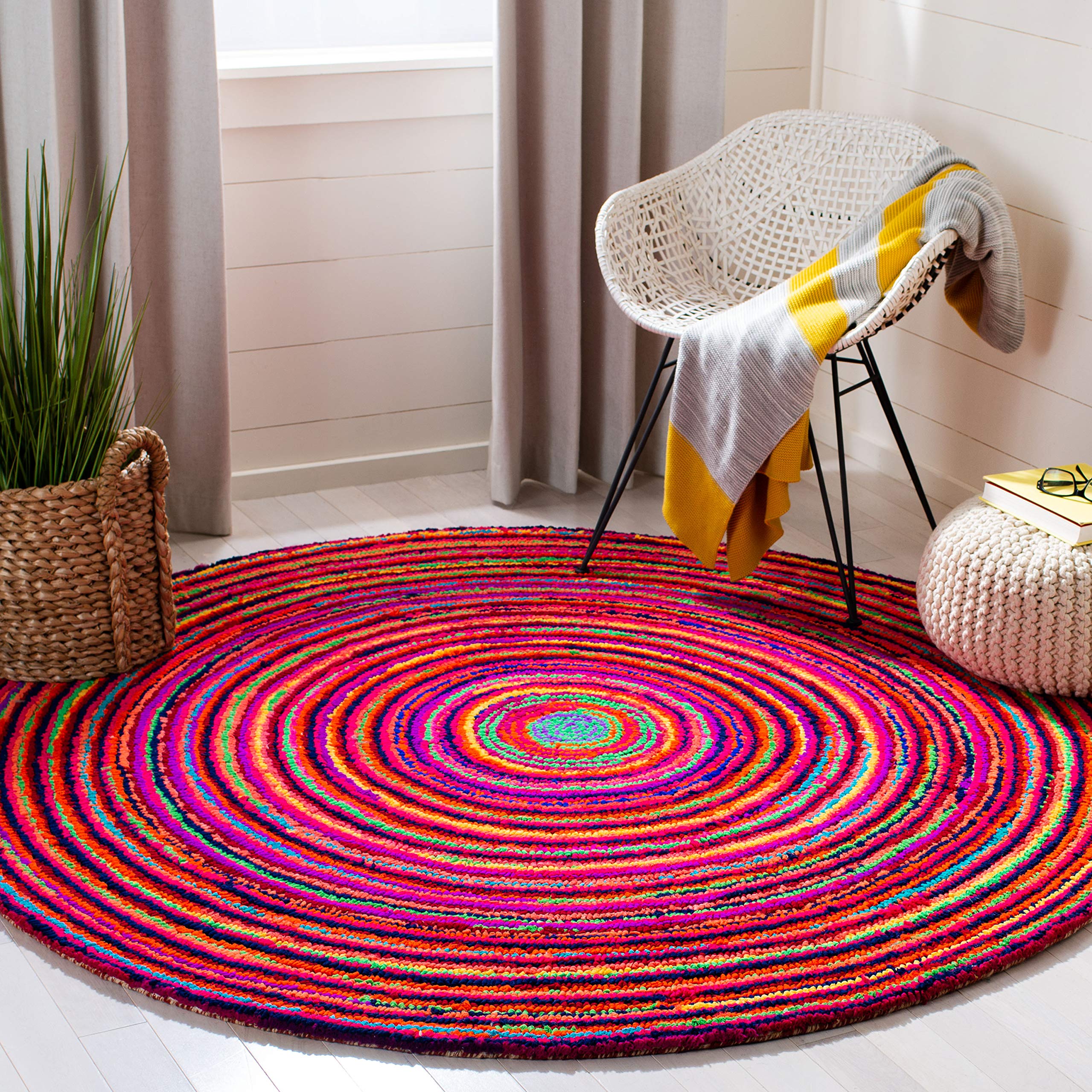 SAFAVIEH Nantucket Collection 4' Round Boho Abstract Cotton Area Rug - Handmade Circle Rug for Living Room, Bedroom & Boho Home Decor (Style NAN315A)