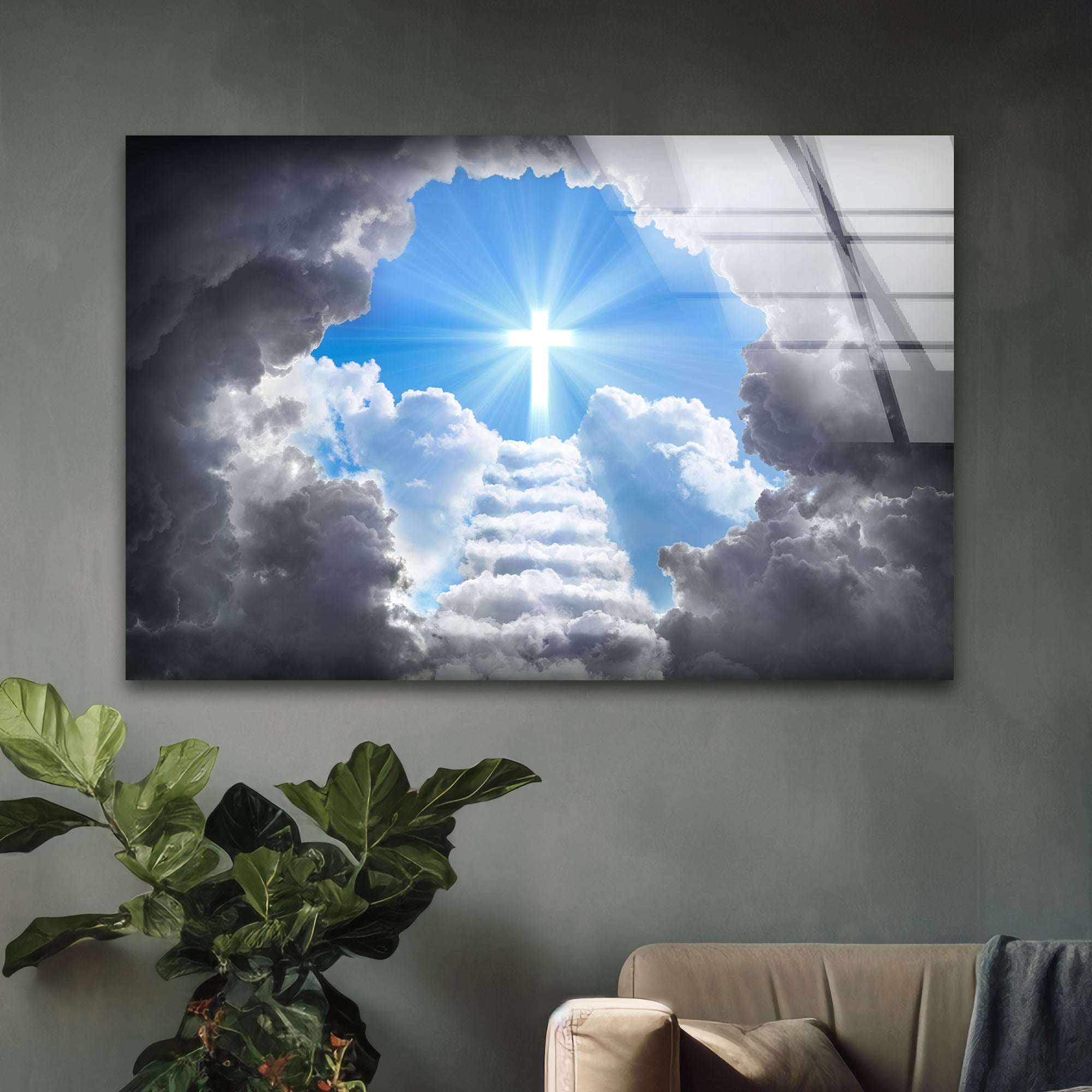 Stunning Cross of Light Shining Glass Wall Art - Elegant Religious Home Decor for Living Room, Bedroom & Church