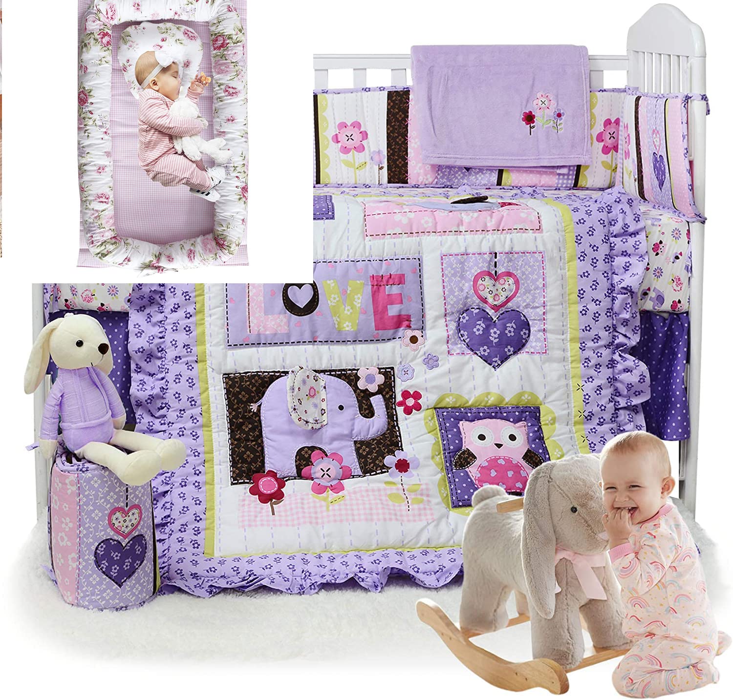 Brandream 5-Piece Purple Elephant Baby Crib Bedding Set with Pink Rose Floral Design | Soft Newborn Lounger & Nest Bed for Nursery Decor | Perfect for Baby Showers, Gender Reveals & Nursery Room Themes