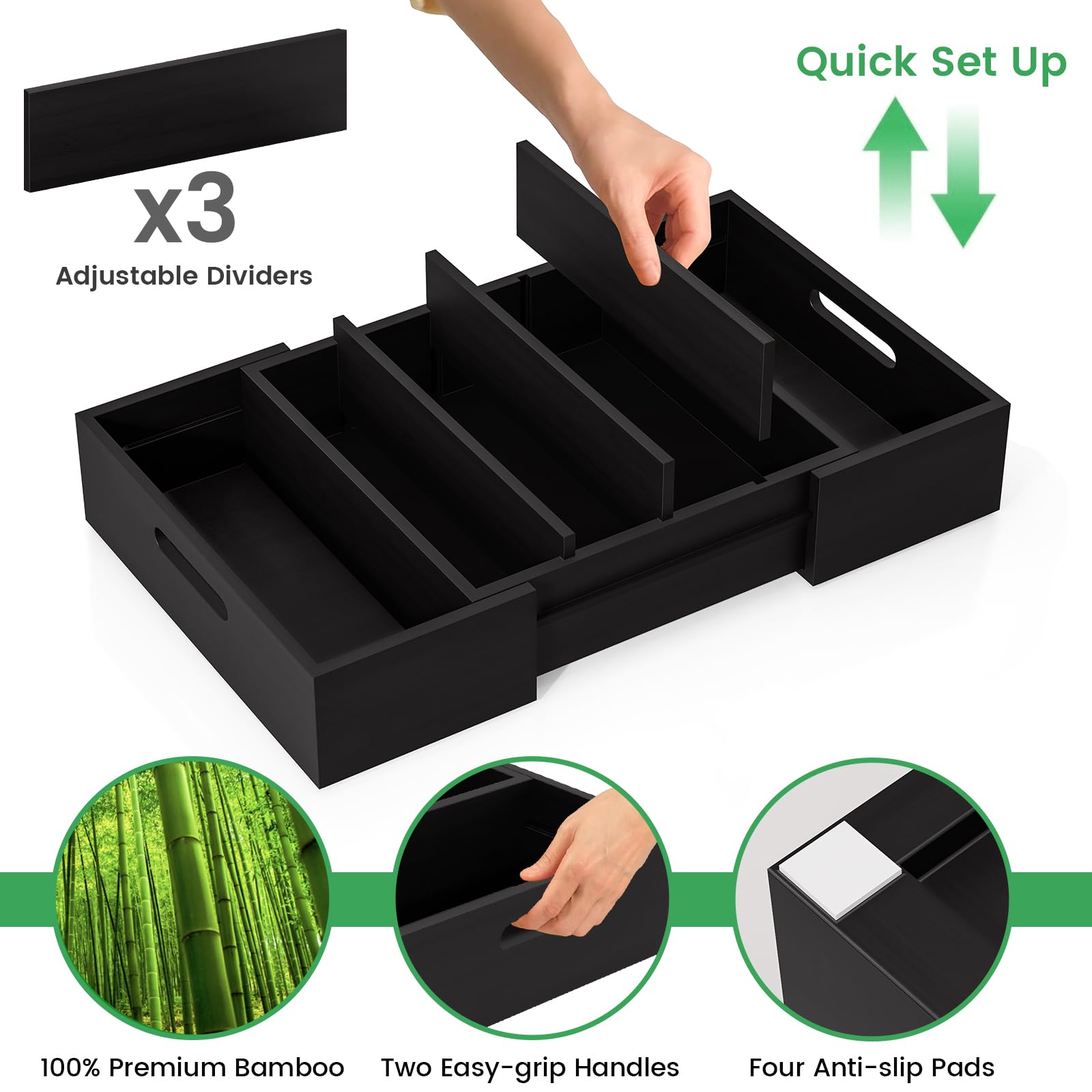 Expandable Bamboo Cabinet Organizer with 3 Adjustable Dividers - Kitchen Storage for Plastic Lids & Food Container Lids - Drawer & Pantry Organizer (Black) - Perfect for Small Kitchen Organization & Space Saving Storage Solutions