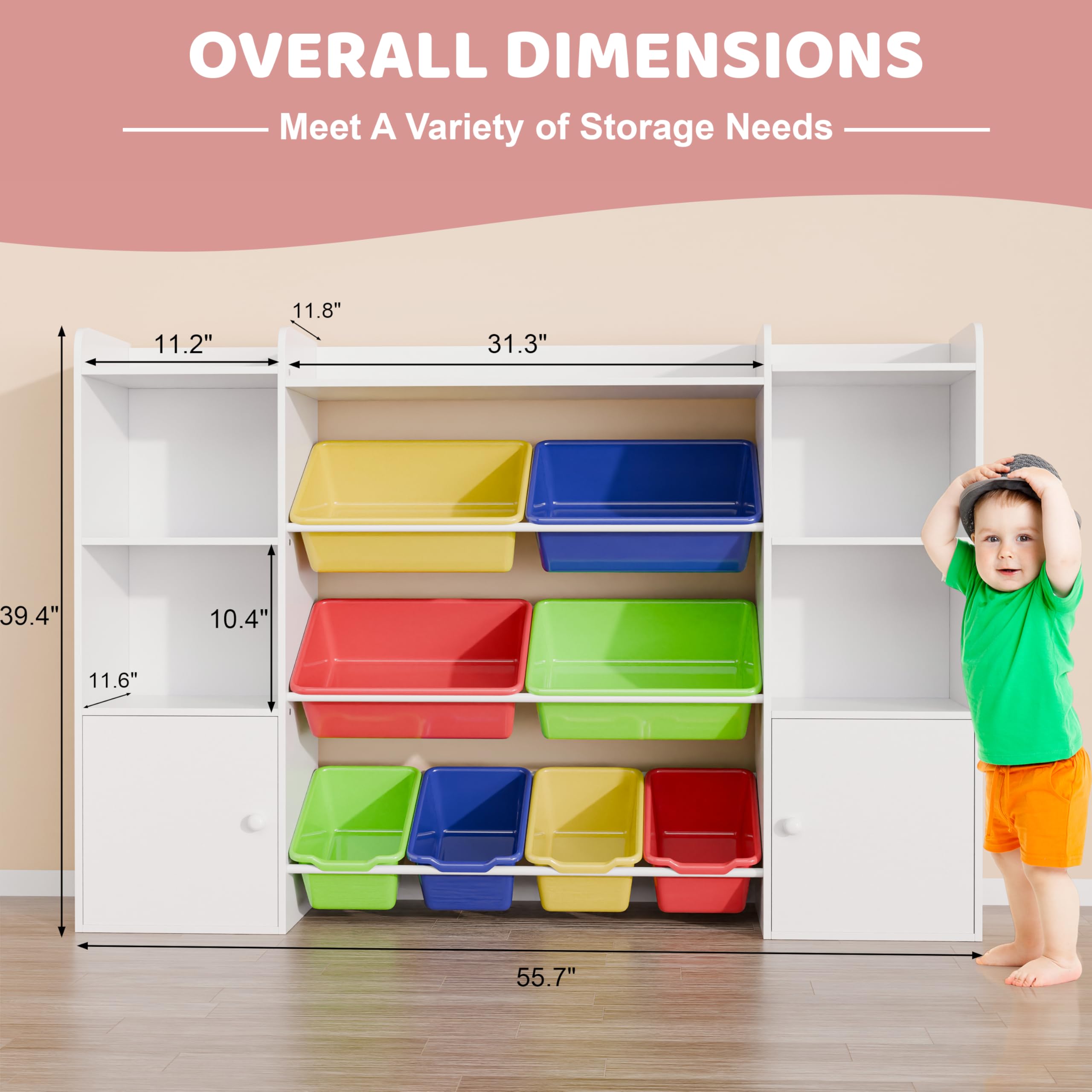 Xilingol 8-Bin Kids Toy Storage Organizer with Removable Bins, 4-Tier Bookshelf & 6-Cubby Toy Organizer for Playroom, Bedroom, Classroom - Perfect for Organizing Toys, Books & Games in Kids Rooms & Daycare Centers