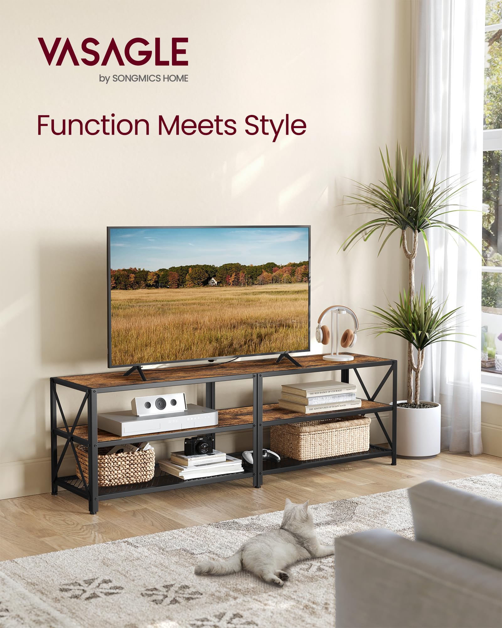 VASAGLE 70 Inch TV Stand with 3-Tier Shelves, Industrial Style TV Console Table with Steel Frame, Rustic Brown & Black Entertainment Center for Living Room - Perfect for Home Theater Setup & Media Storage