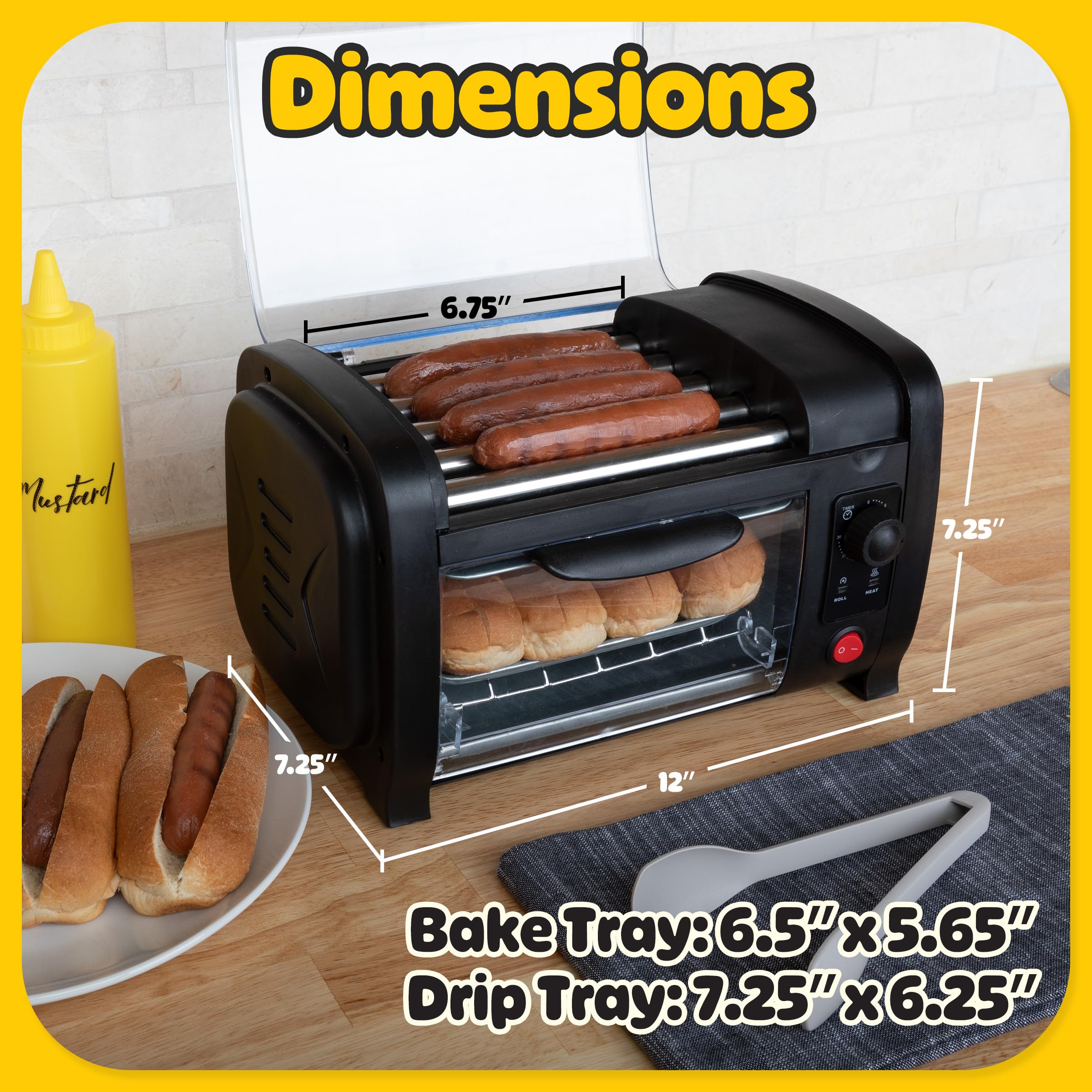 Commercial Hot Dog Roller Machine with Bun Warmer - 5 Stainless Steel Rollers & Baking Tray, Adjustable Timer for Restaurants, Food Trucks, and Convenience Stores