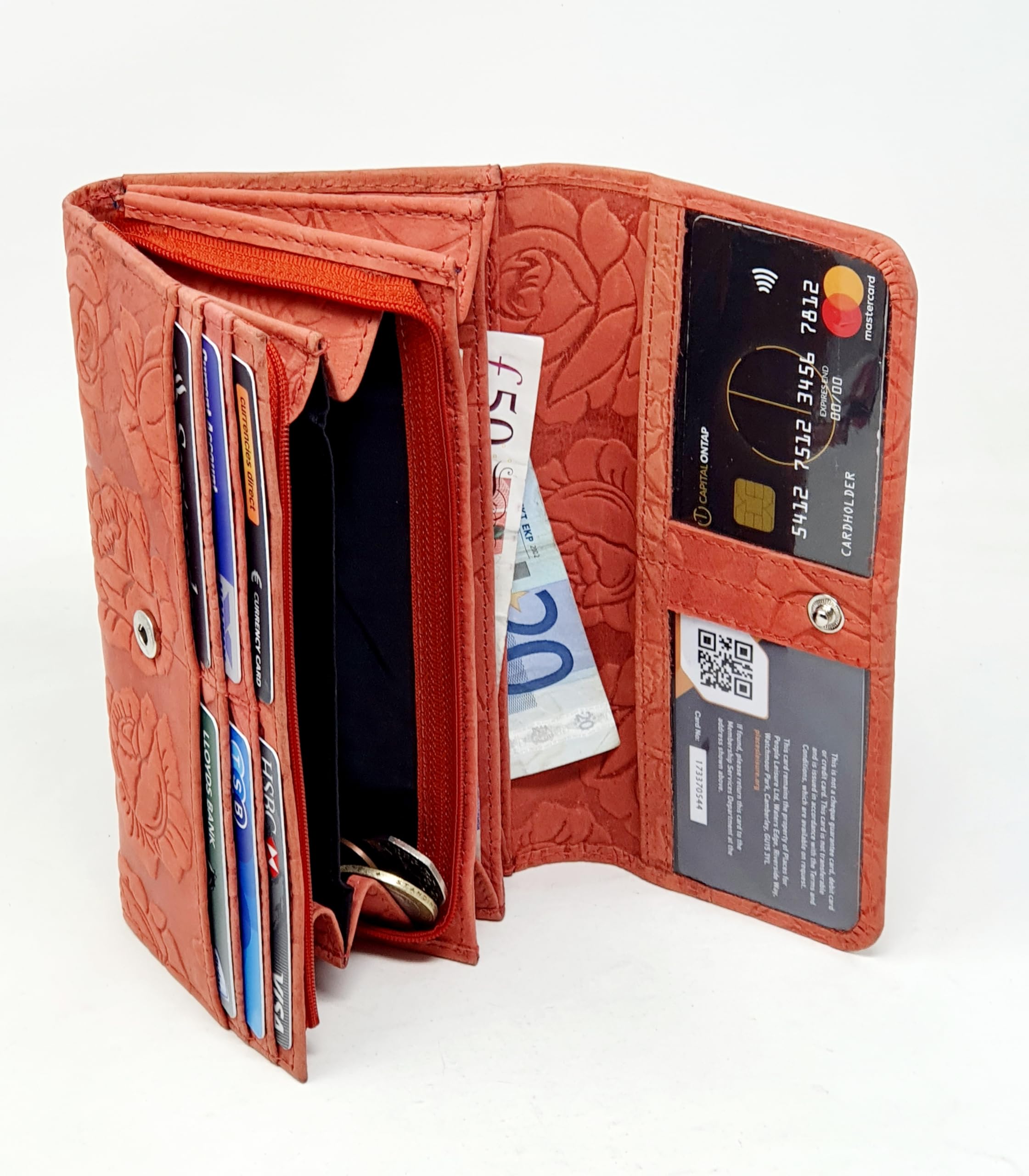 Women's Genuine Leather RFID Blocking Wallet - Floral Embossed Crossbody Purse with Zipper Pocket for Credit Cards, Coins & Phone | Stylish Ladies Handbag for Work, Travel & Everyday Use (Red)
