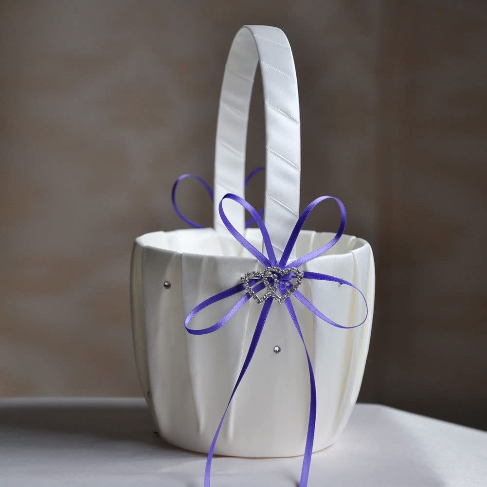 LAPUTA Elegant White Wedding Flower Girl Basket - Double Heart Rhinestone Satin Ribbon Bowknot Decorative Basket for Brides (5.12