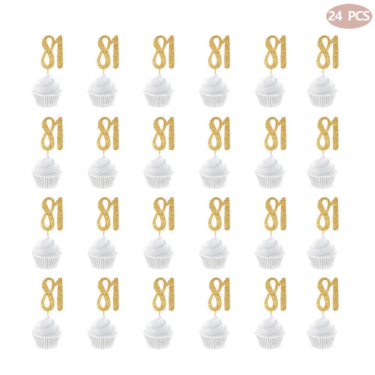 24-Pack Gold Happy 81st Birthday Cupcake Toppers with Glitter Numbers - 81st Birthday Party Decorations for Cake, Cupcakes & Desserts - Perfect for Milestone Celebrations & Retirement Parties