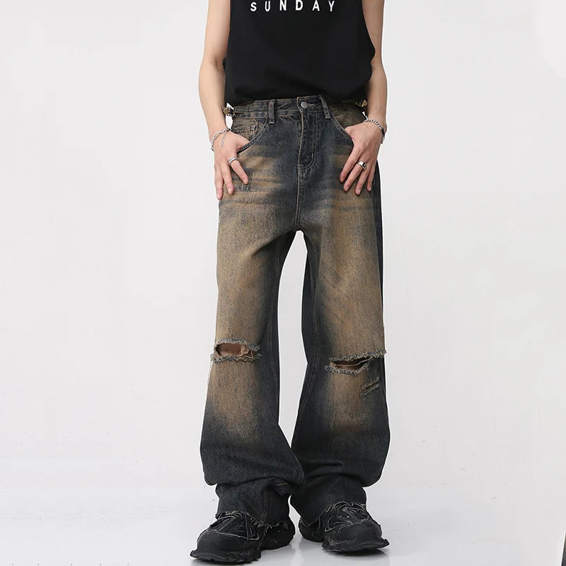 Vintage American Style High Waist Men's Jeans - Wide Leg Denim Pants with Gradient Wash | Straight Fit Summer Casual Trousers for Streetwear Fashion (Style 9A8592) | Perfect for Urban Outfits, Music Festivals & Retro Looks