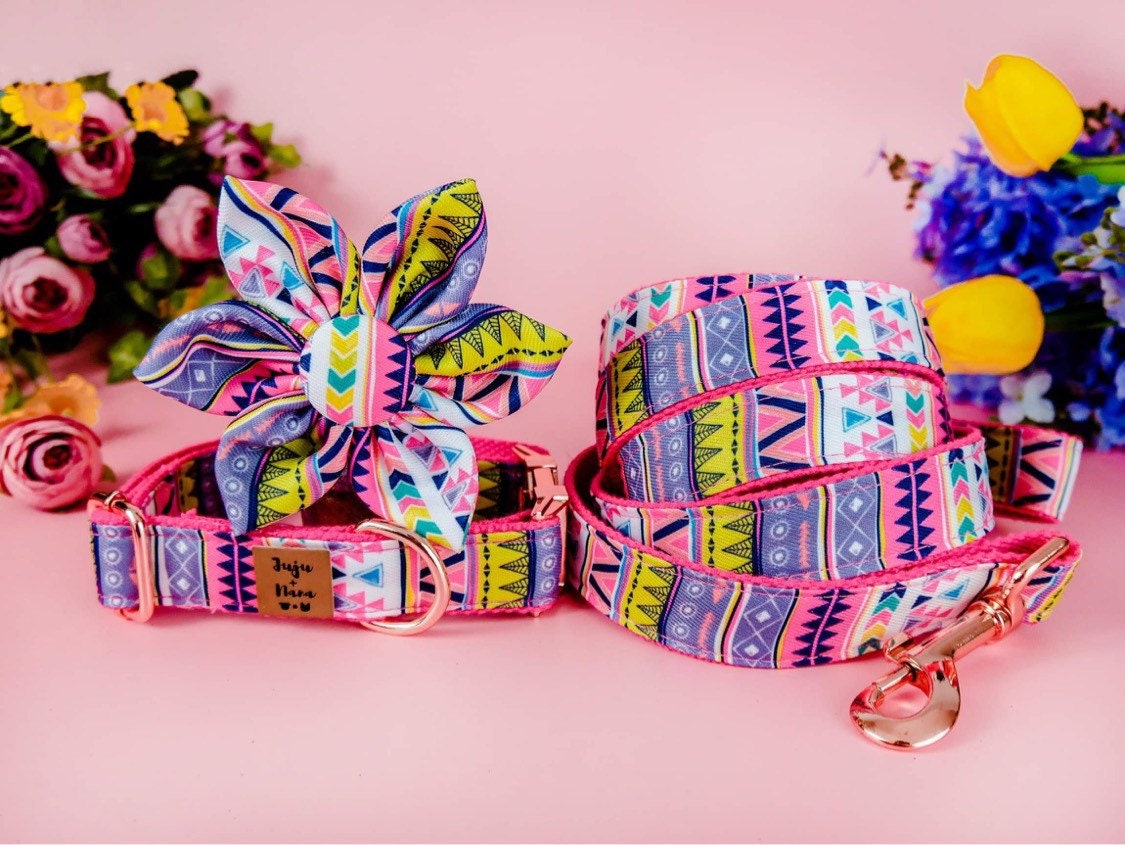 Pink Aztec Dog Collar with Flower Design - Adjustable Pet Collar for Small Medium Large Dogs - Perfect for Daily Walks, Training & Fashion Accessories