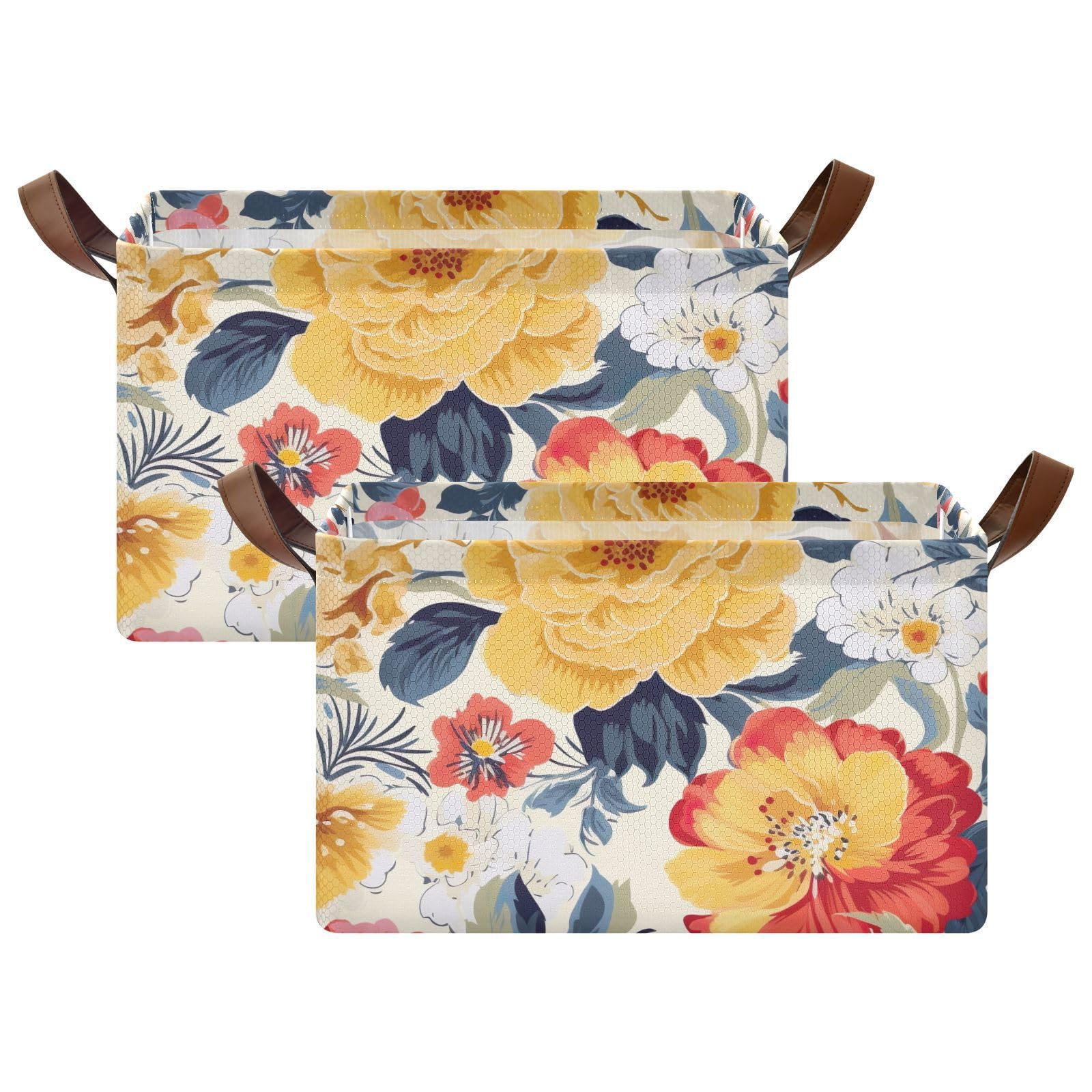 Emelivor Classic Red Floral Foldable Storage Bins with Handles - Rectangular Organizing Baskets for Shelves, Nursery, Closet & Home Decor | Perfect for Bedroom, Bathroom & Office Organization