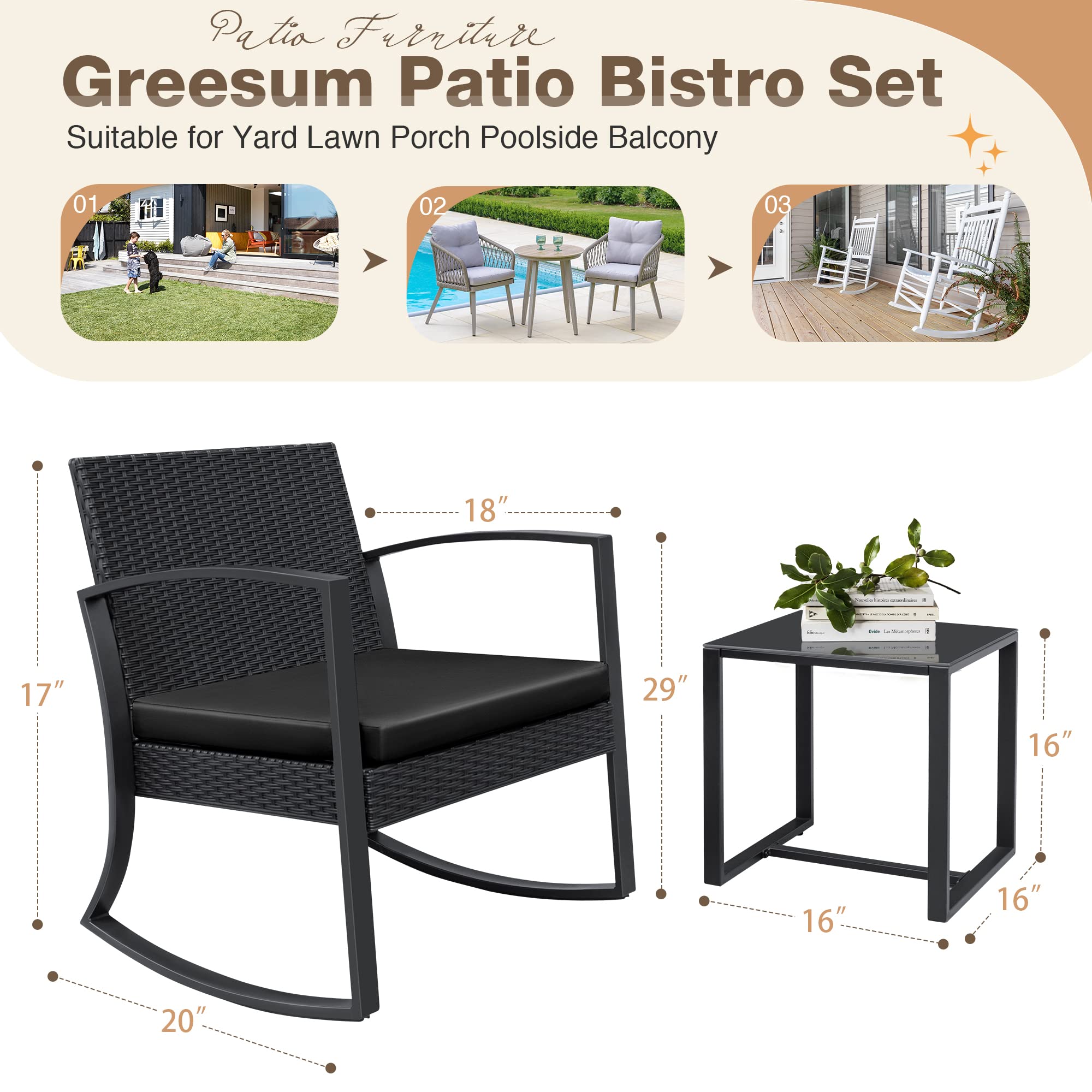 Greesum 3-Piece Outdoor Patio Furniture Set - Dark Black Bistro Rocking Chairs with Glass Coffee Table for Poolside, Beach, Backyard, Balcony, Porch & Garden Decor | Perfect for Relaxing, Entertaining & Outdoor Dining