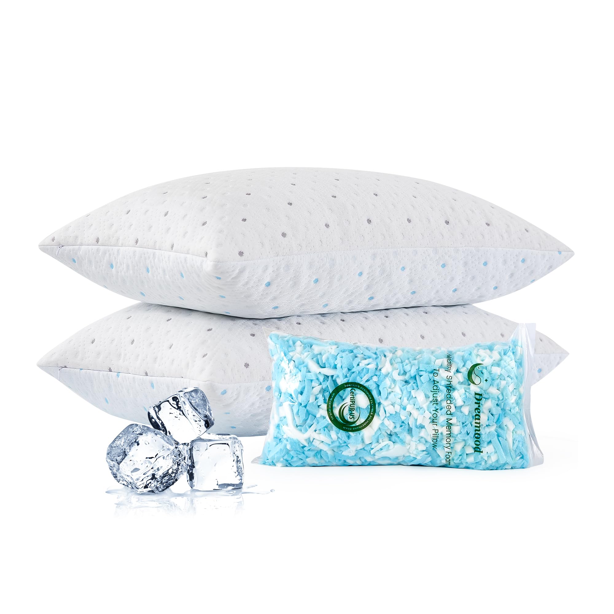 Queen Size Cooling Pillows Set of 2 - 100% Shredded Memory Foam with Extra Stuffing & Washable Cover - Hypoallergenic Bed Pillows for Side, Back & Stomach Sleepers - Perfect for Hot Sleepers & Allergy Relief