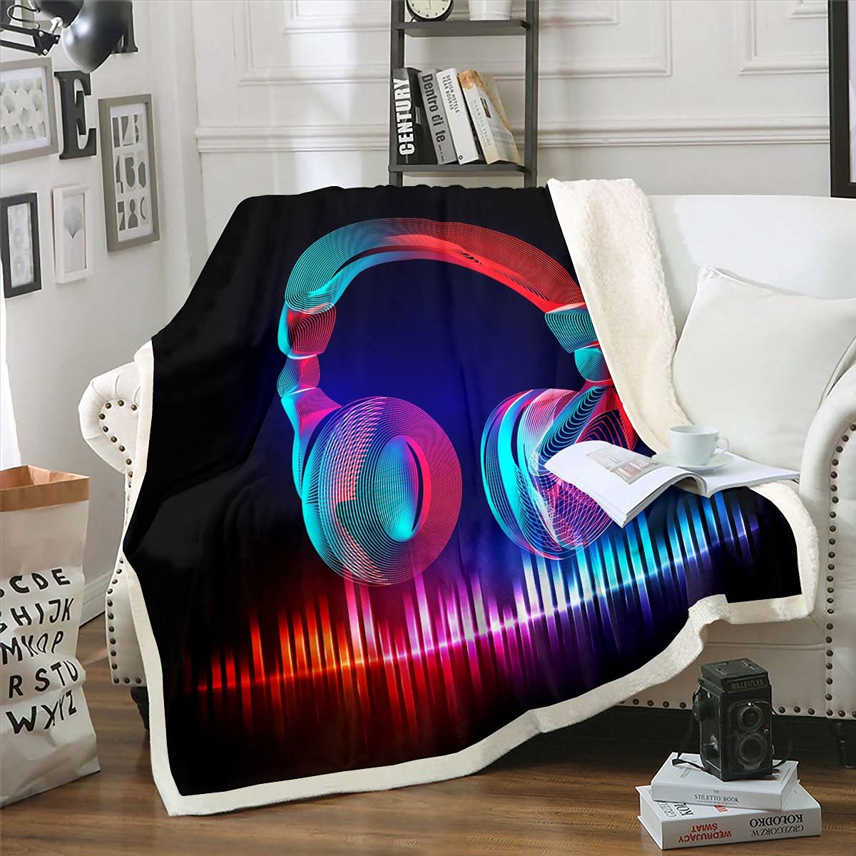 Musical Notes Headphone Pattern Flannel Throw Blanket - Soft Black Fuzzy Blanket for Kids & Teens Gift, 90x90 Inch Queen Size - Perfect for Bedroom, Sofa, Music Lovers & Cozy Home Decor